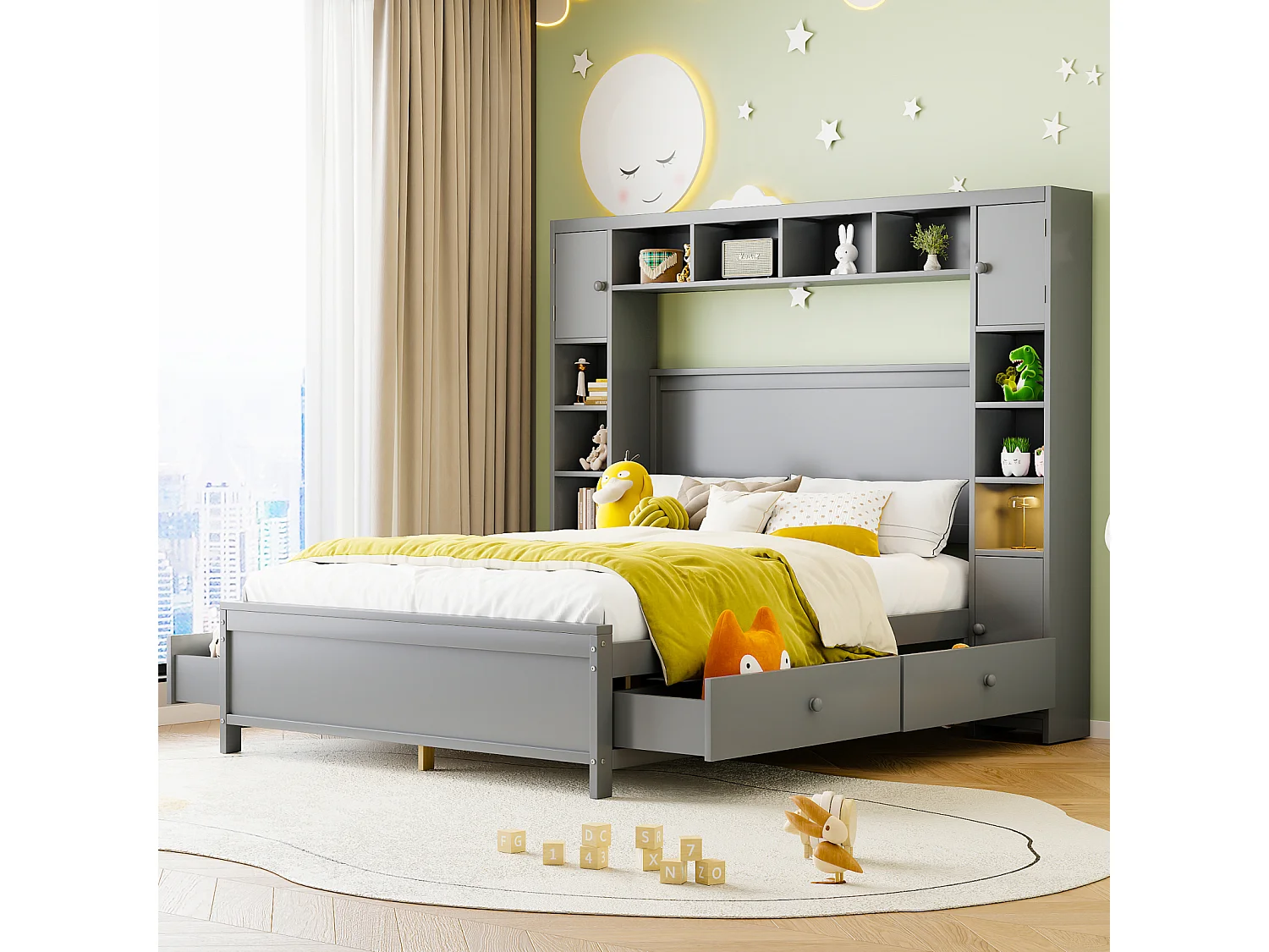 Bett 140x200cm, Bettgestell, mit 4 Schubladen und großem Stauraum, Massivholz Doppelbett mit Lattenrost, grau