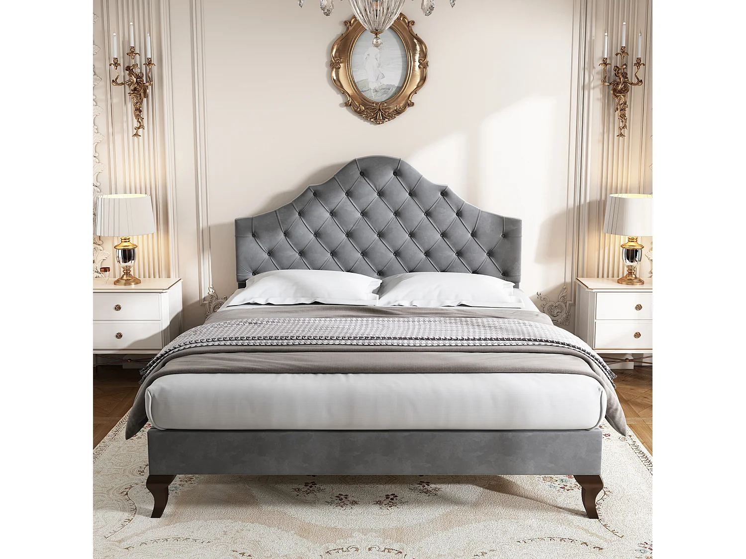 Gepolstertes Doppelbett mit Lattenrost aus Holz und verstellbarem Kopfteil in Wolkenform für Teenager, Kinder – Graues Samtbett 140 x 200 cm