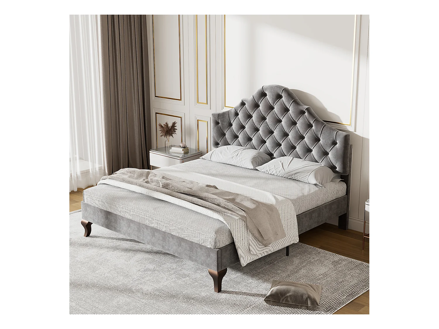 Lit double capitonné avec sommier à lattes en bois et tête de lit réglable en nuage pour adolescent, enfant - lit en velours gris 140x200cm