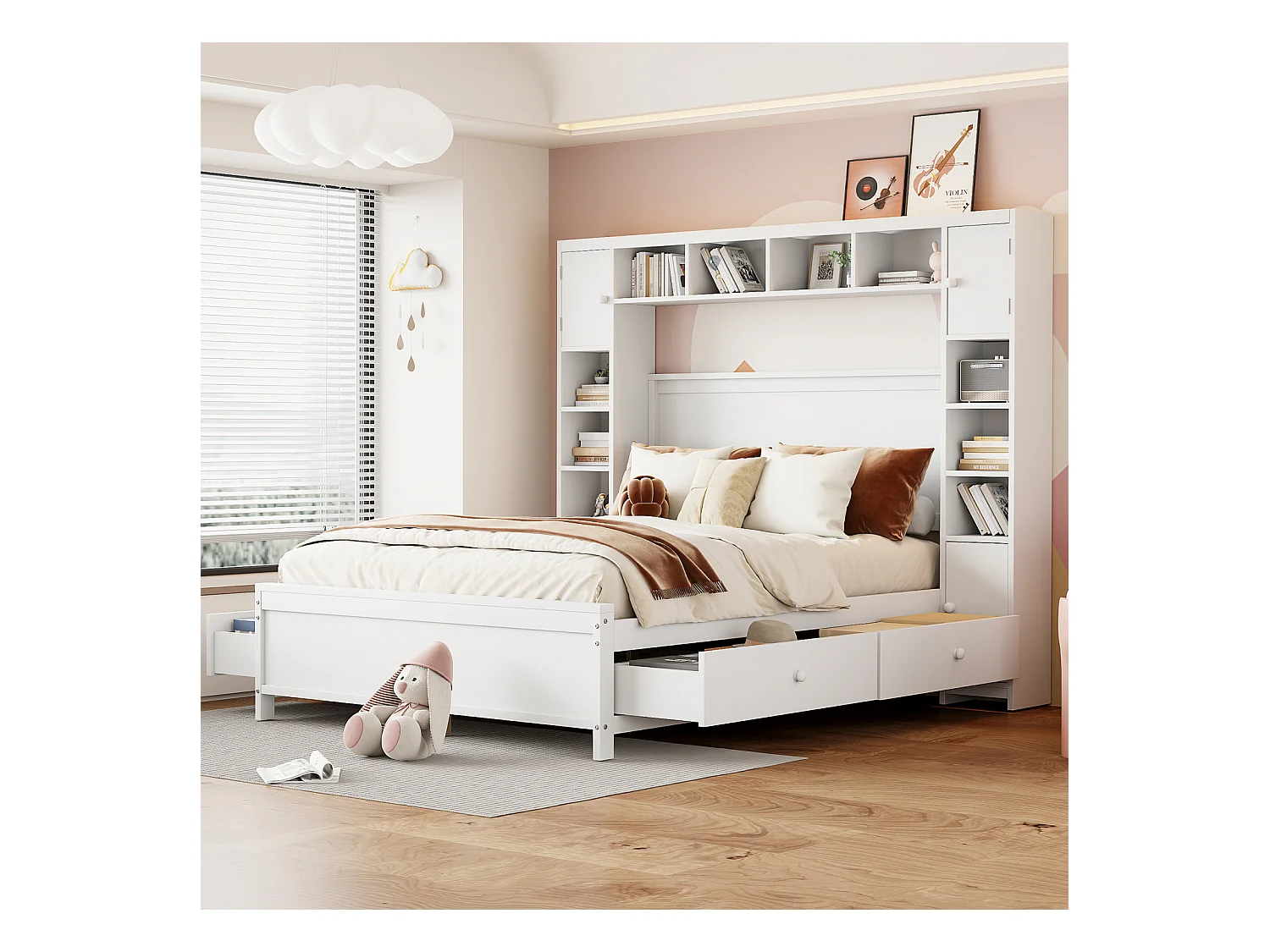 Lit 140x200cm, Cadre de lit, avec 4 tiroirs et grand placard de rangement, lit double en bois massif avec sommier à lattes, blanc