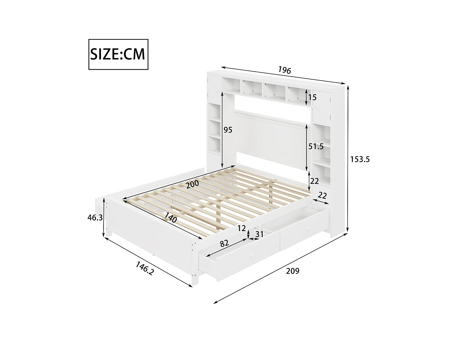 Lit 140x200cm, Cadre de lit, avec 4 tiroirs et grand placard de rangement, lit double en bois massif avec sommier à lattes, blanc