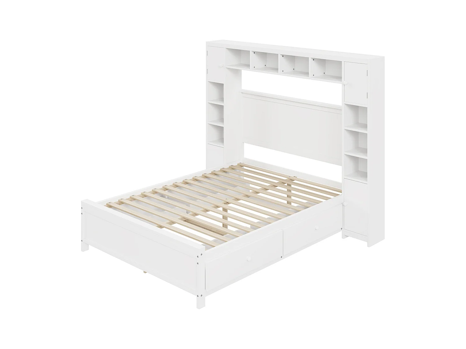 Lit 140x200cm, Cadre de lit, avec 4 tiroirs et grand placard de rangement, lit double en bois massif avec sommier à lattes, blanc