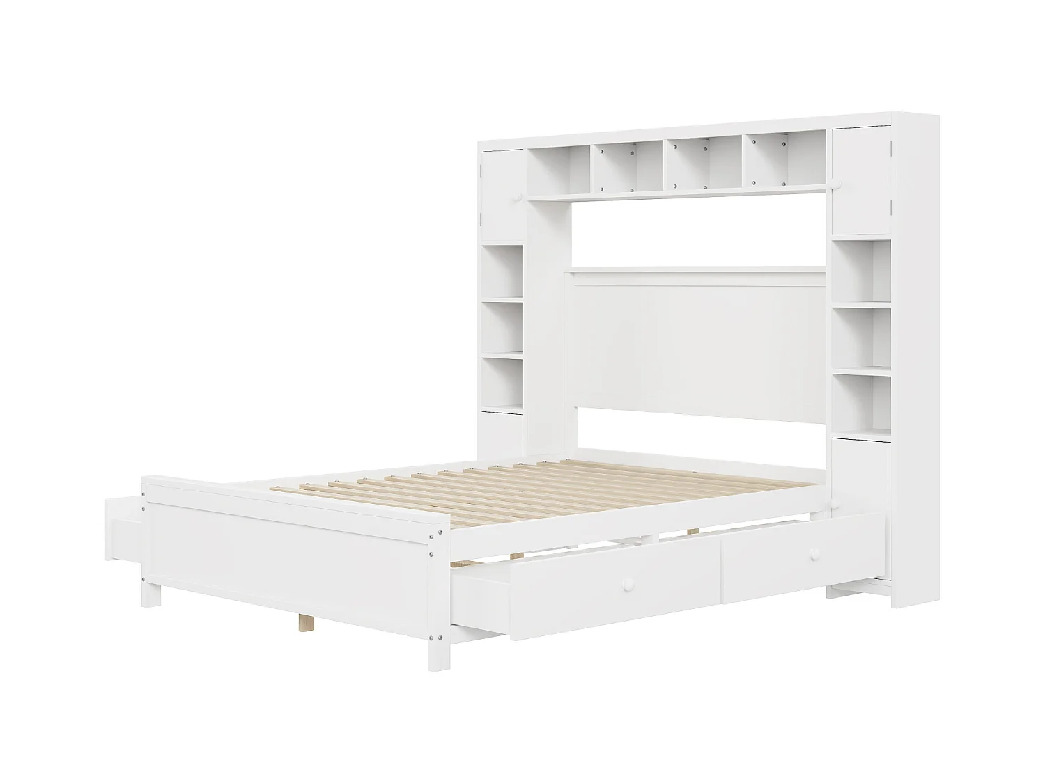 Lit 140x200cm, Cadre de lit, avec 4 tiroirs et grand placard de rangement, lit double en bois massif avec sommier à lattes, blanc