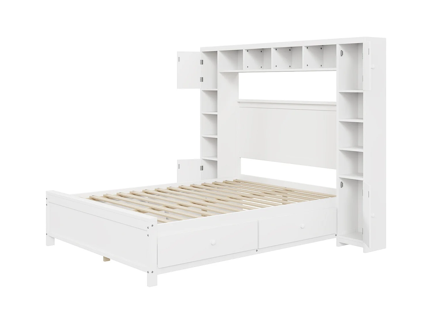 Lit 140x200cm, Cadre de lit, avec 4 tiroirs et grand placard de rangement, lit double en bois massif avec sommier à lattes, blanc