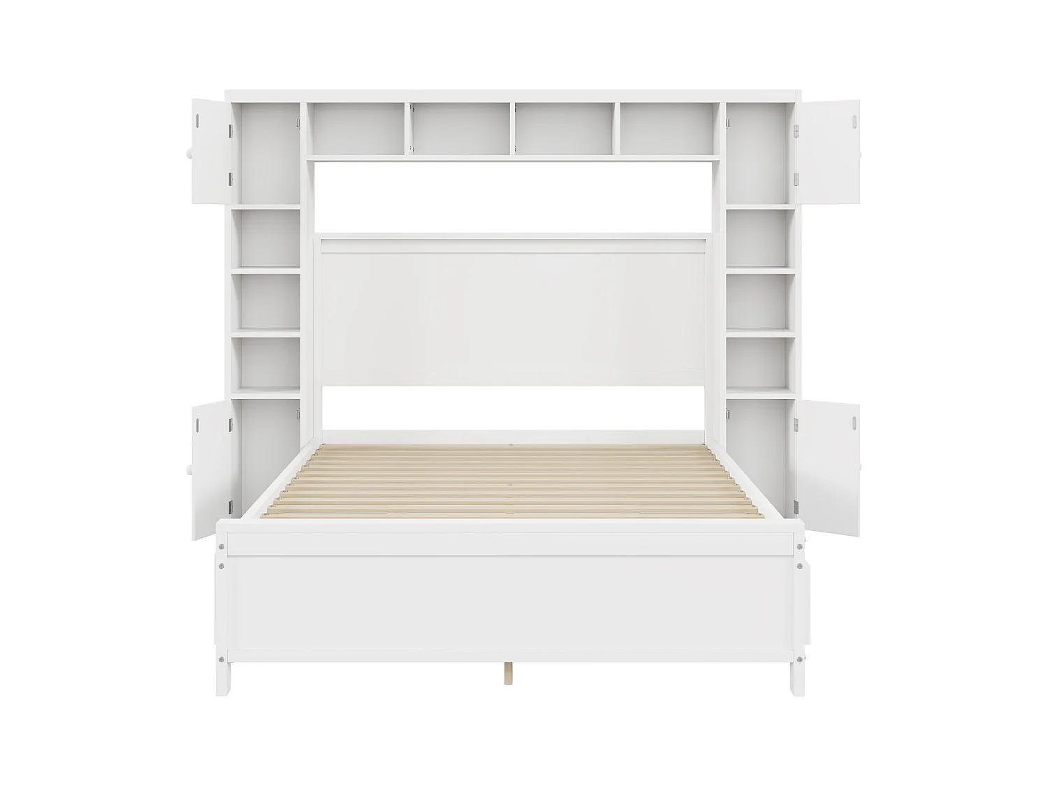 Lit 140x200cm, Cadre de lit, avec 4 tiroirs et grand placard de rangement, lit double en bois massif avec sommier à lattes, blanc