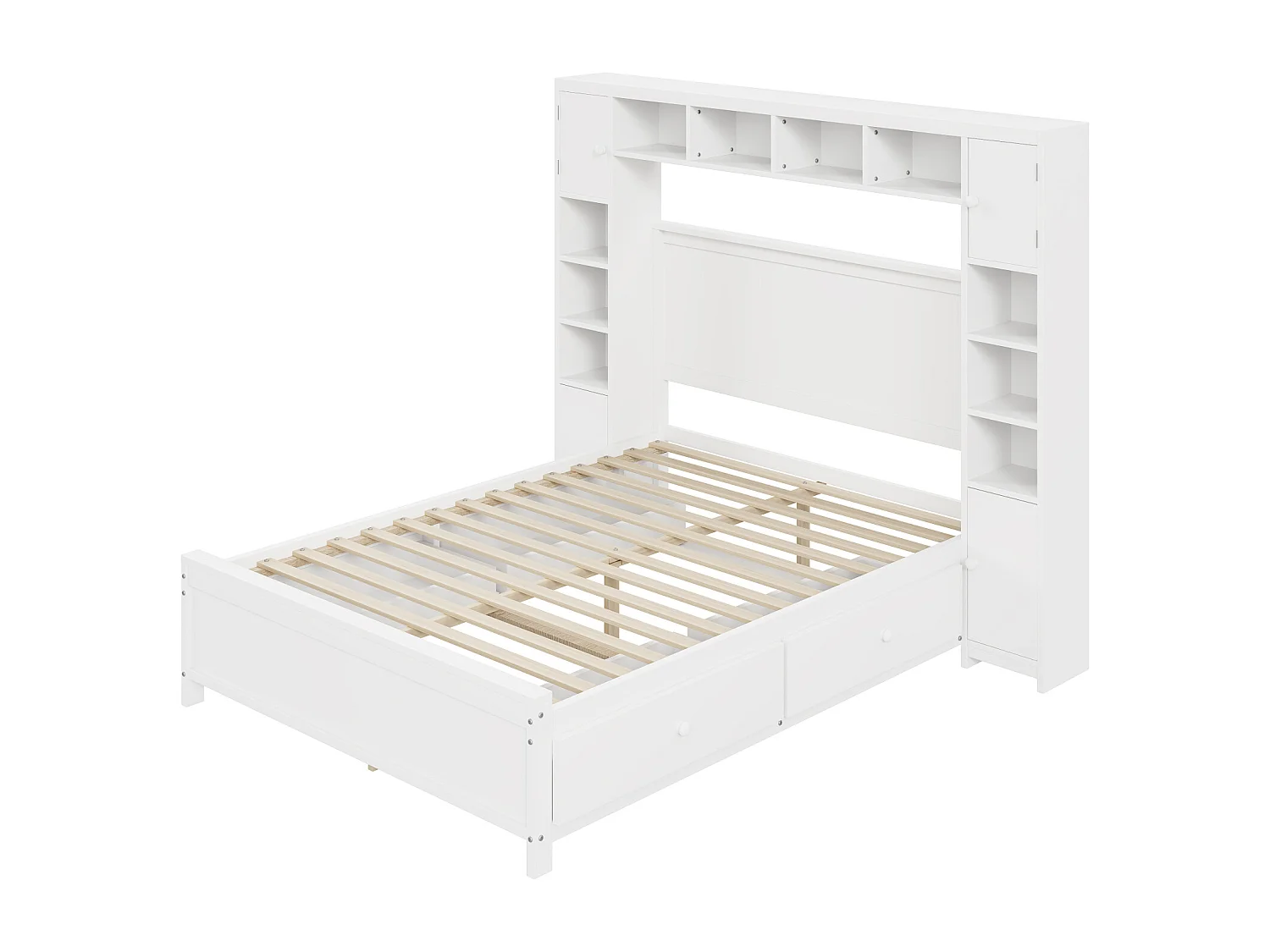 Lit 140x200cm, Cadre de lit, avec 4 tiroirs et grand placard de rangement, lit double en bois massif avec sommier à lattes, blanc