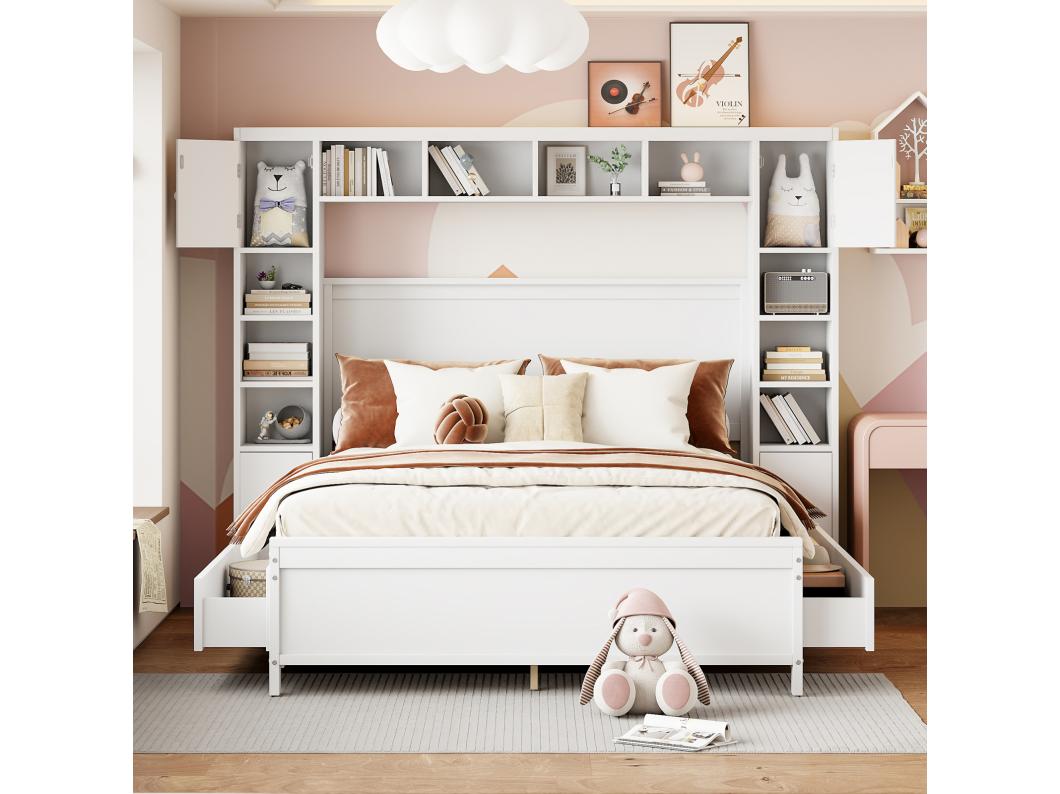 Bed 140x200cm, Bedframe, met 4 lades en grote opbergkast, massief houten tweepersoonsbed met lattenbodem, wit