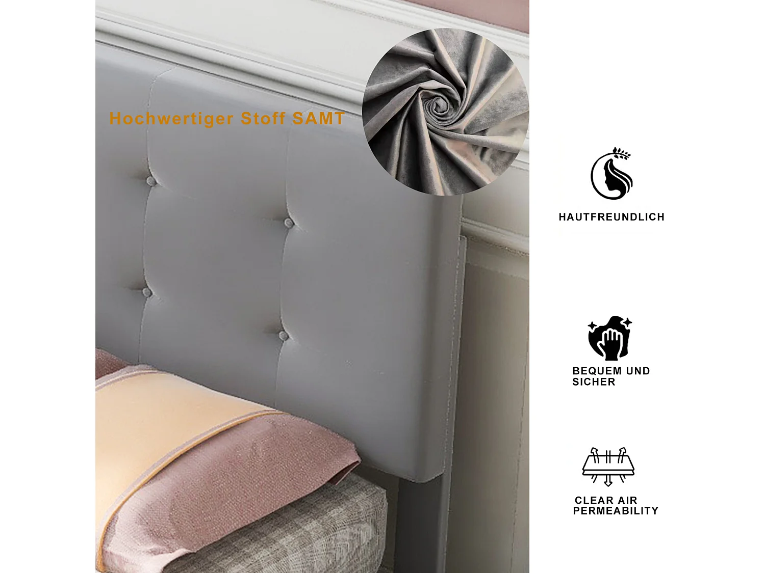 Letto imbottito 90 x 200 cm - con 2 cassetti, rete a doghe e testiera sollevabile, tessuto in velluto, stile scandinavo - Grigio