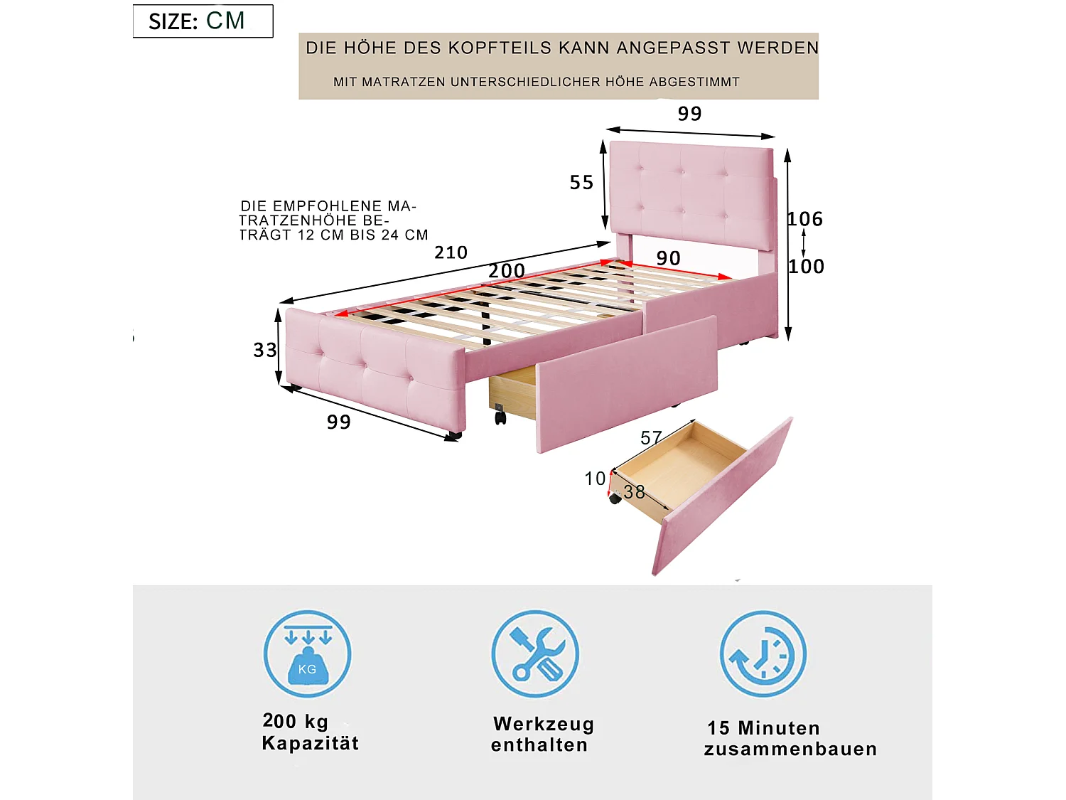 Cama tapizada 90x200 cm - con 2 cajones, somier de láminas y cabecero elevable, tejido terciopelo, estilo escandinavo - Rosa