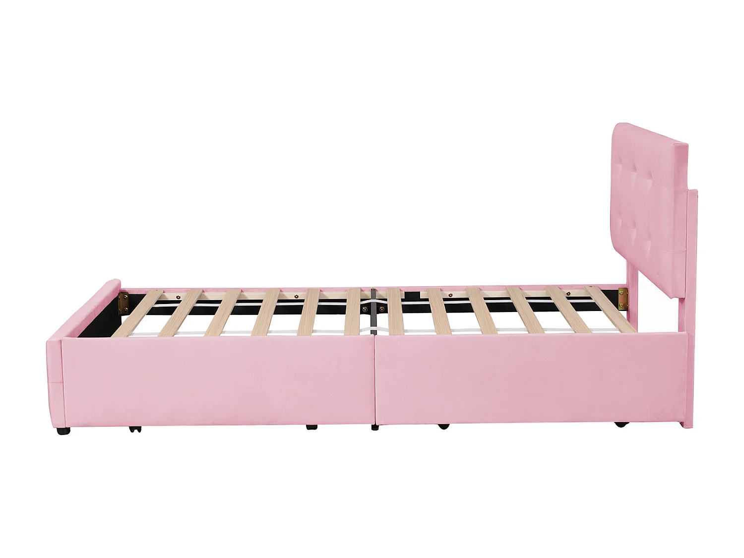 Cama tapizada 90x200 cm - con 2 cajones, somier de láminas y cabecero elevable, tejido terciopelo, estilo escandinavo - Rosa