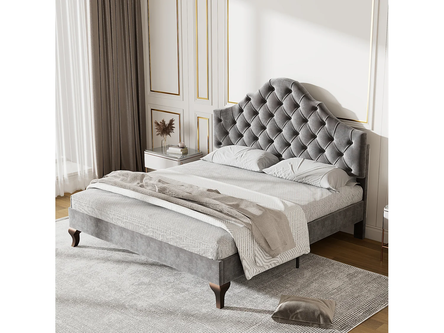Eenpersoonsbed gestoffeerd 90x200cm - bed met houten lattenbodem en verstelbaar wolkenhoofdeinde voor tiener, kind - grijs fluwelen bed