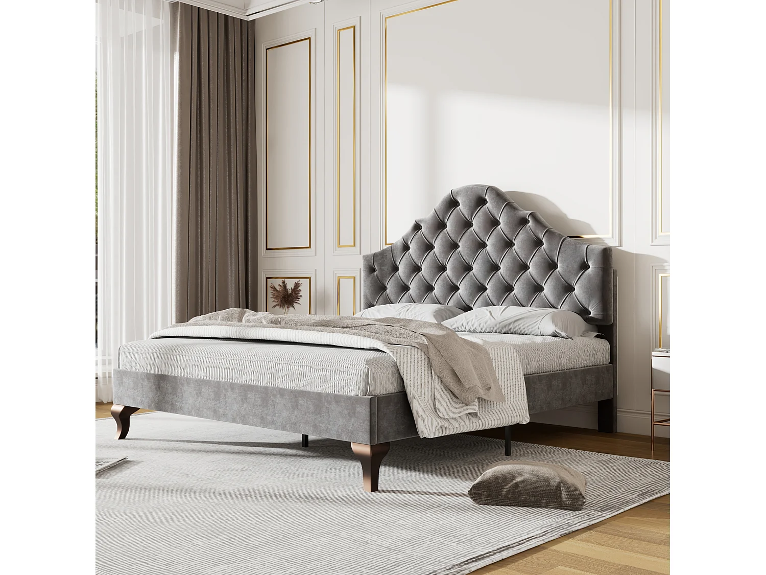 Eenpersoonsbed gestoffeerd 90x200cm - bed met houten lattenbodem en verstelbaar wolkenhoofdeinde voor tiener, kind - grijs fluwelen bed