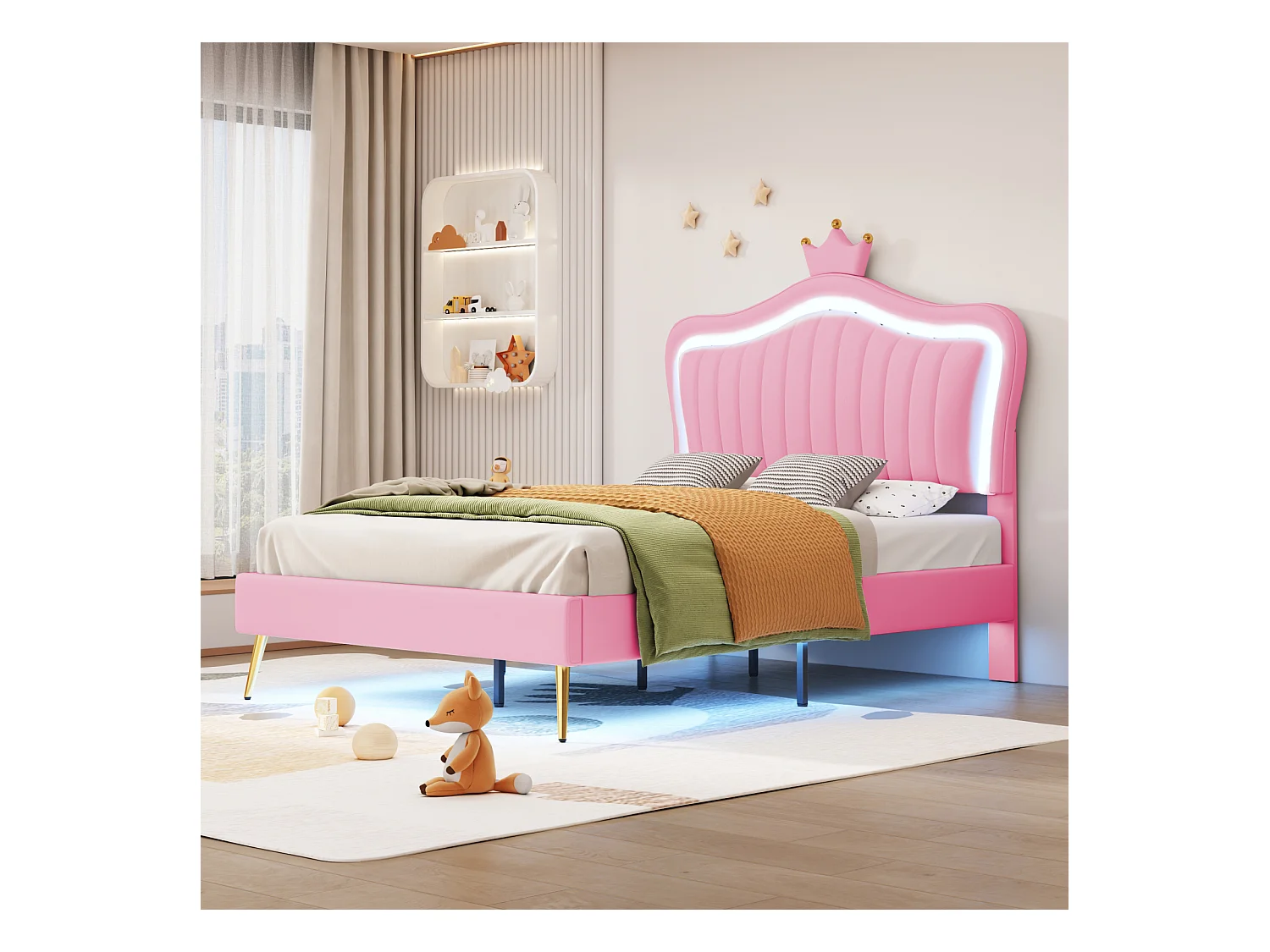 Lit simple 90 x 200 cm - Lit en cuir PU avec lampes LED et sommier à lattes et tête de lit en couronne (coiffure) pour adolescent - Rose