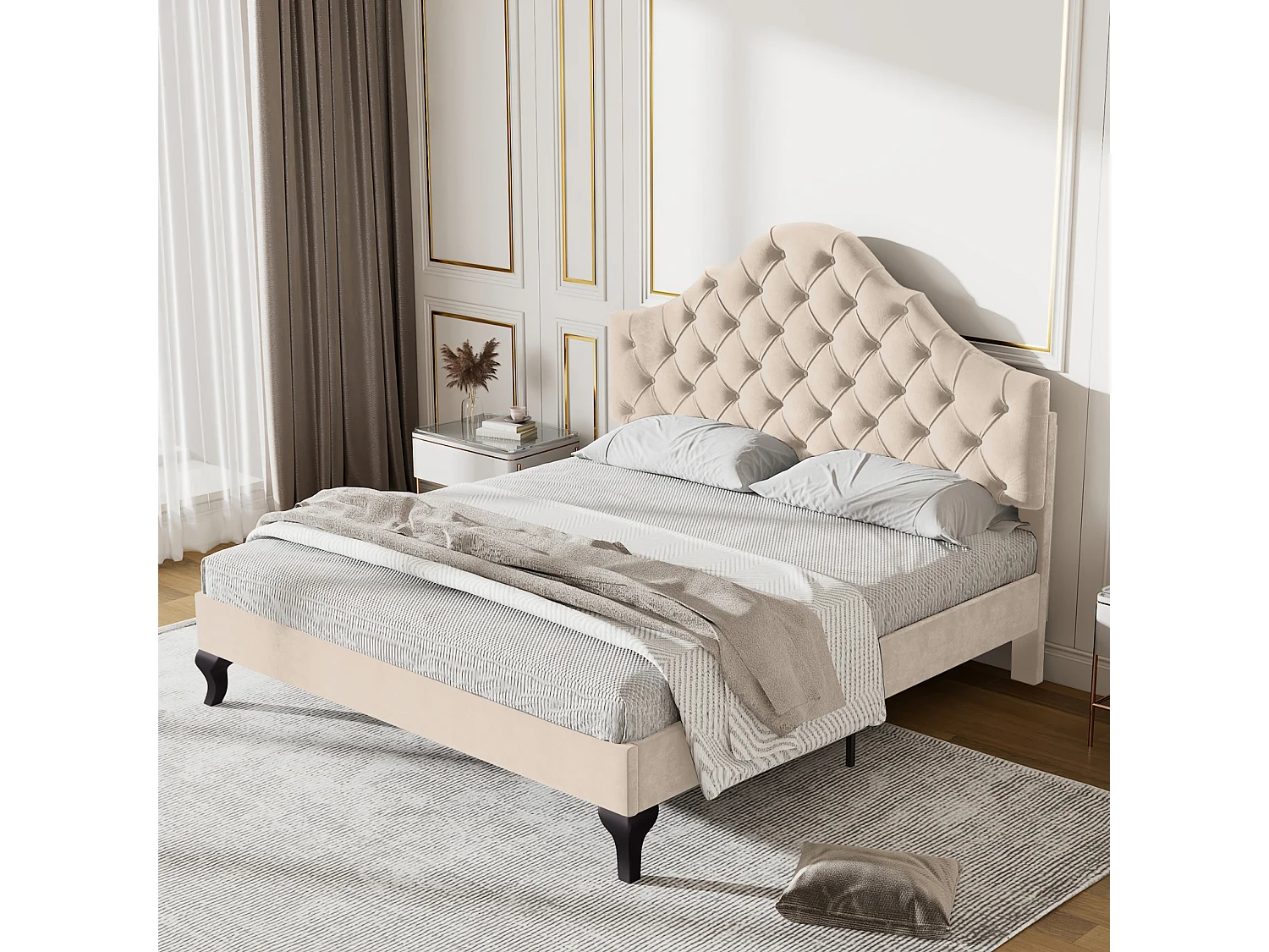 Letto matrimoniale imbottito con rete a doghe in legno e testiera regolabile a forma di nuvola per adolescente, bambino - Letto in velluto beige 140x200cm
