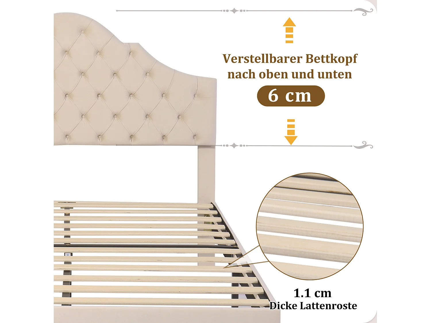 Gestoffeerd tweepersoonsbed met houten lattenbodem en verstelbaar wolkenhoofdeinde voor tieners en kinderen - Beige fluwelen bed 140x200cm