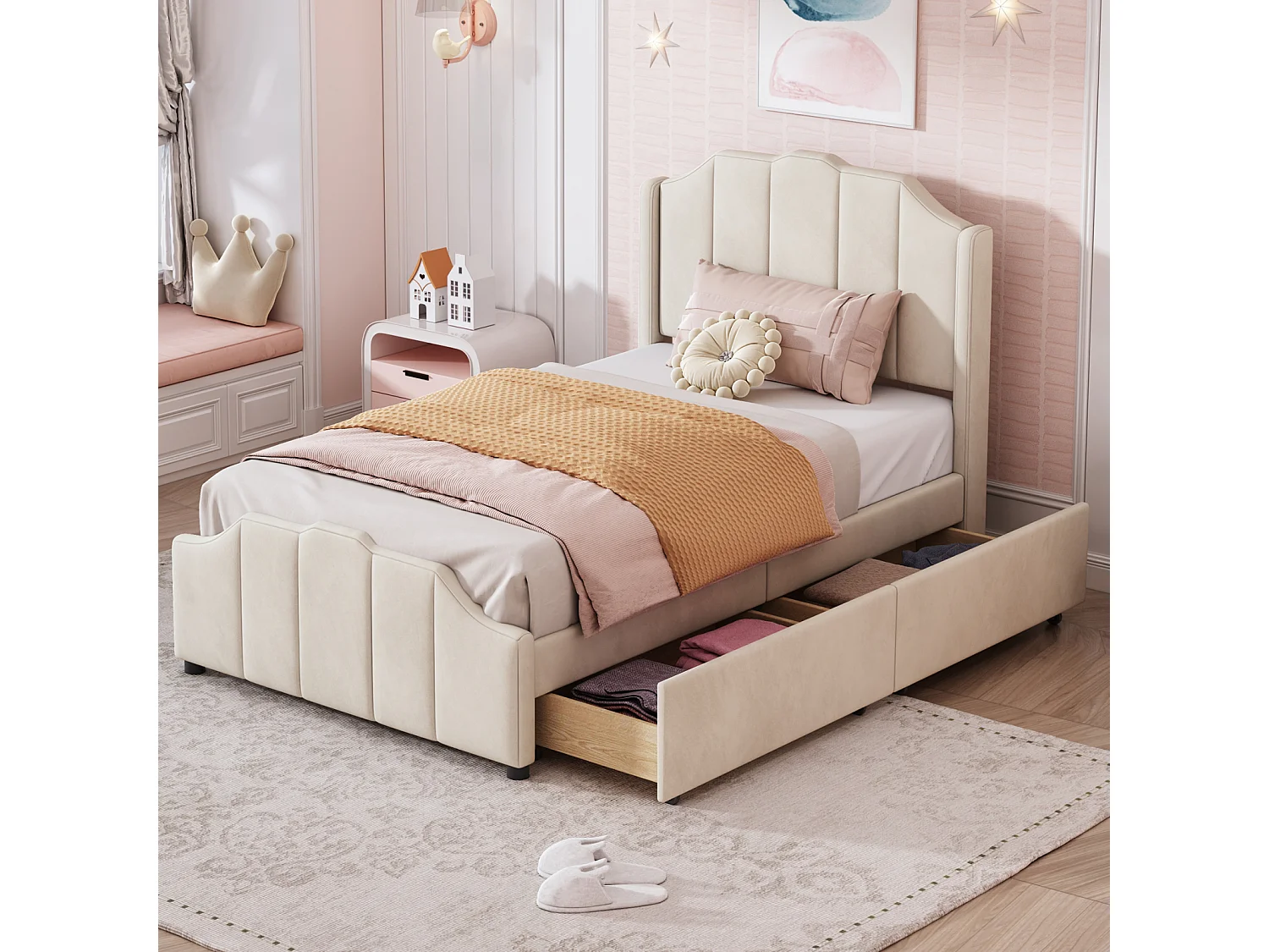 Lit simple 90x200cm avec 2 tiroirs, cadre de lit en bois avec sommier à lattes et tête de lit velours, rose