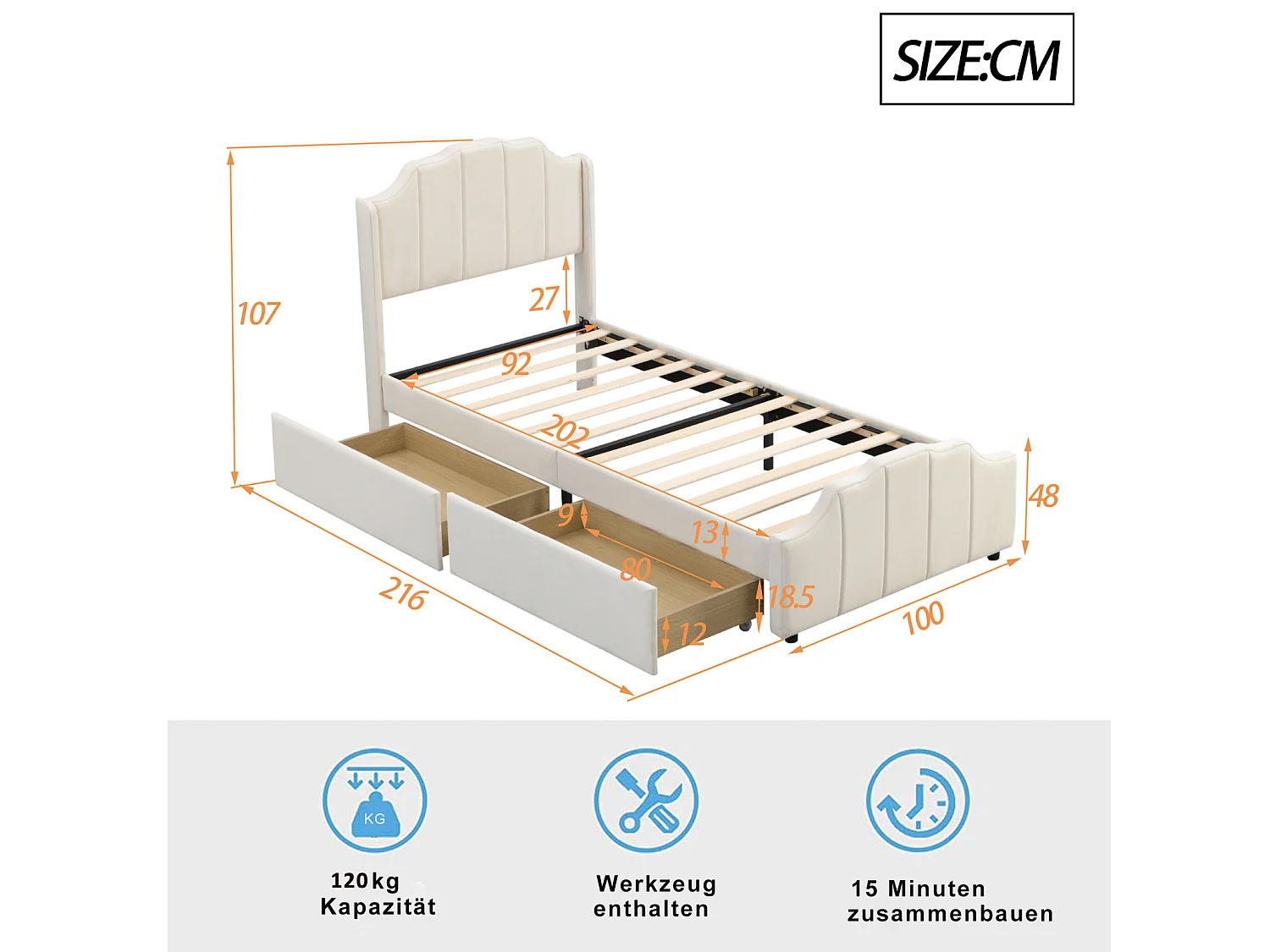 Lit simple 90x200cm avec 2 tiroirs, cadre de lit en bois avec sommier à lattes et tête de lit velours, rose