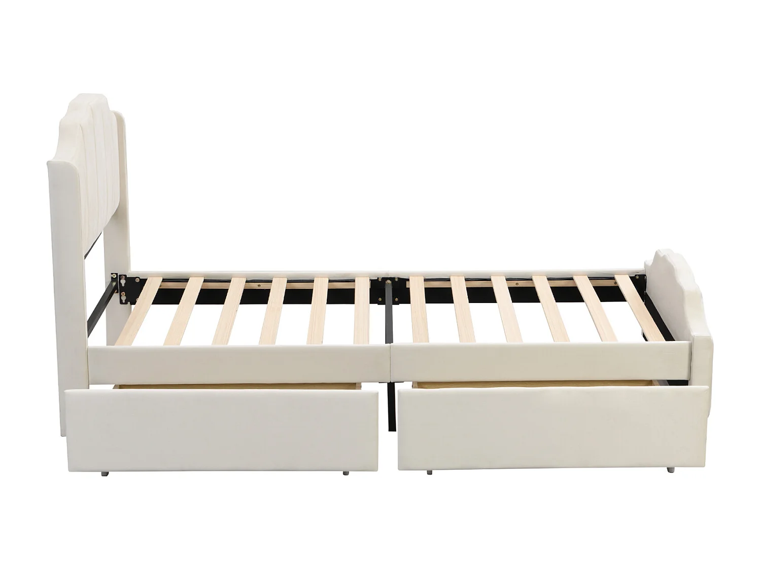 Lit simple 90x200cm avec 2 tiroirs, cadre de lit en bois avec sommier à lattes et tête de lit velours, rose