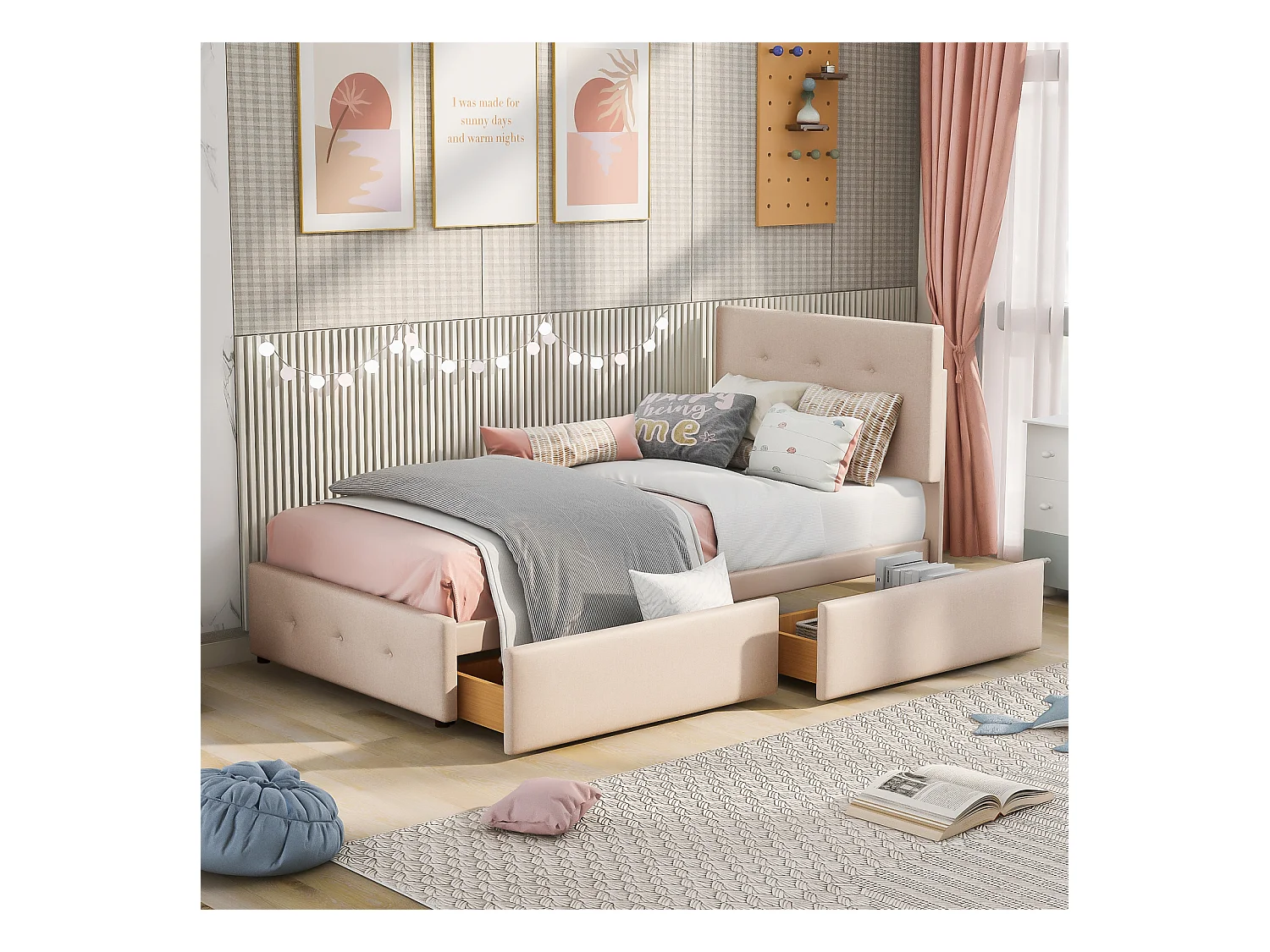 Gestoffeerd bed 90 x 200 cm - met 2 lades, lattenbodem en opklapbaar hoofdbord, fluwelen stof, Scandinavische stijl - Donker naturel