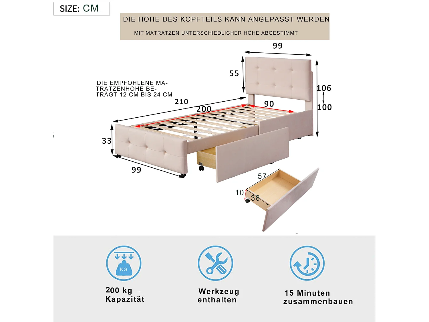 Lit capitonne 90 x 200 cm - avec 2 tiroirs, sommier à lattes et tête de lit relevable, tissu velours, style scandinave - Naturel foncé