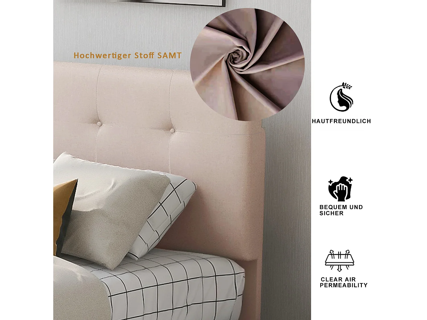 Lit capitonne 90 x 200 cm - avec 2 tiroirs, sommier à lattes et tête de lit relevable, tissu velours, style scandinave - Naturel foncé