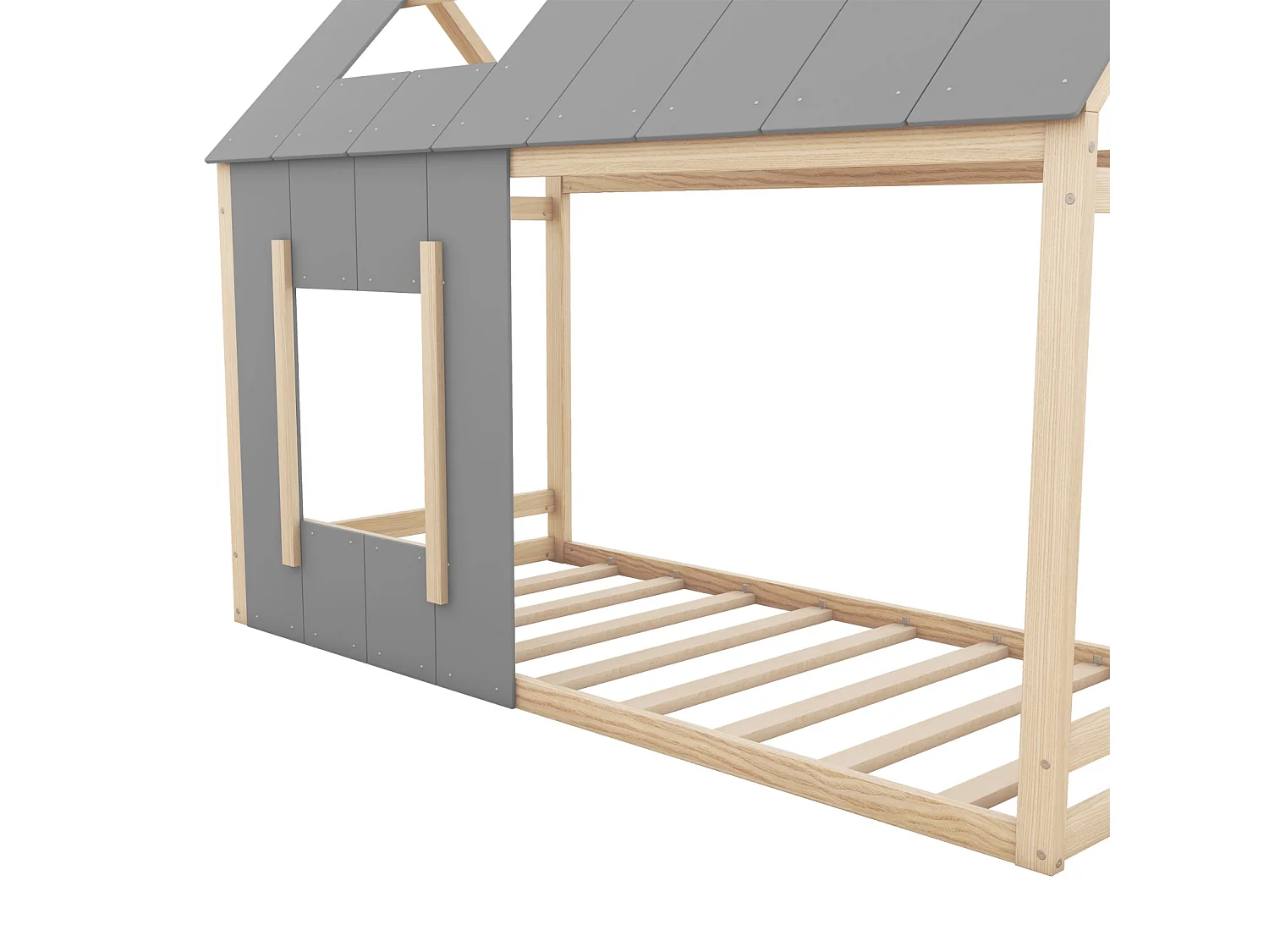 Lit cabane 90x200cm - Lit d'enfant en forme de maison, Lit plat à une place avec toit et fenêtre - Nature + Gris