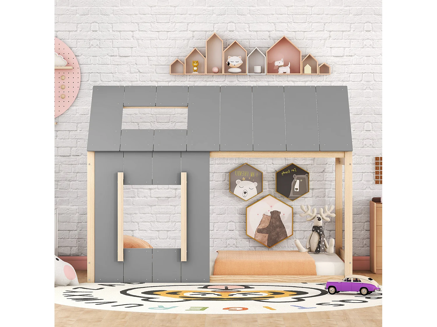 Letto a soppalco 90x200cm - Letto per bambini a forma di casa, letto singolo piano con tetto e finestra - Natura + Grigio
