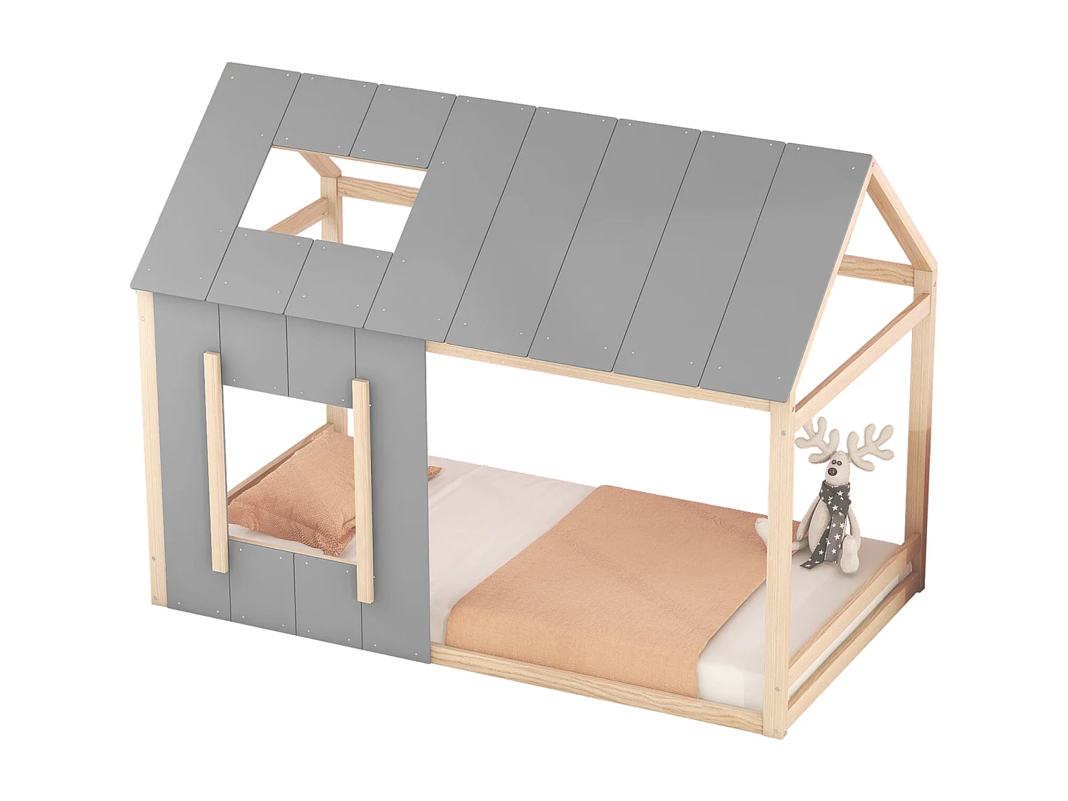Letto a soppalco 90x200cm - Letto per bambini a forma di casa, letto singolo piano con tetto e finestra - Natura + Grigio