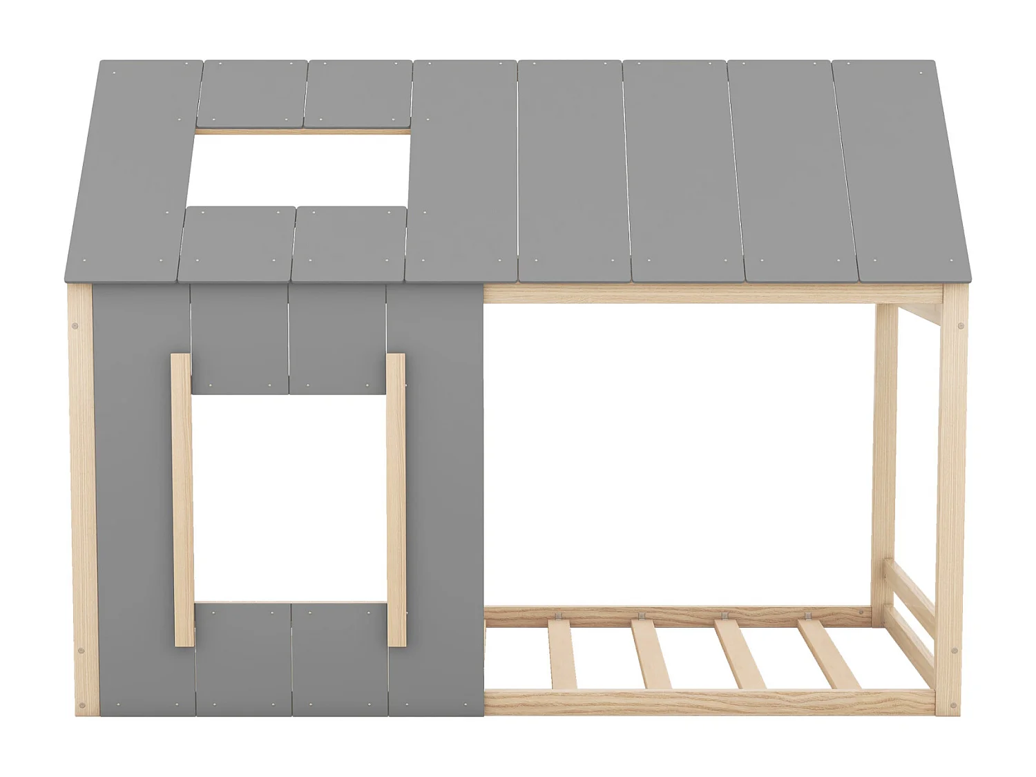 Letto a soppalco 90x200cm - Letto per bambini a forma di casa, letto singolo piano con tetto e finestra - Natura + Grigio