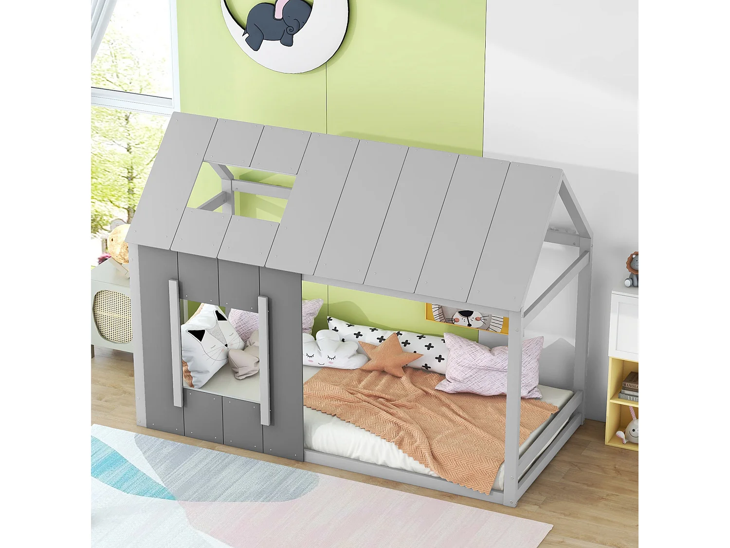 Hochbett 90x200cm - Kinderbett in Hausform, Einzelbett mit Dach und Fenster - Dunkelgrau + Hellgrau