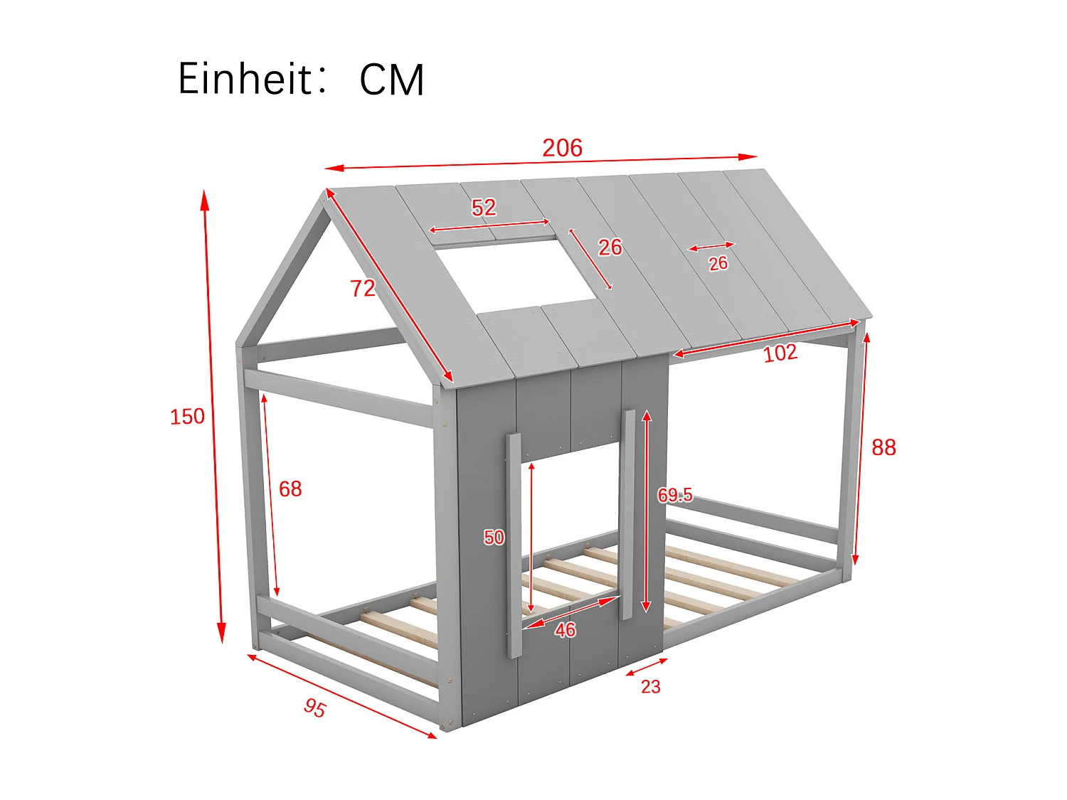 Hochbett 90x200cm - Kinderbett in Hausform, Einzelbett mit Dach und Fenster - Dunkelgrau + Hellgrau