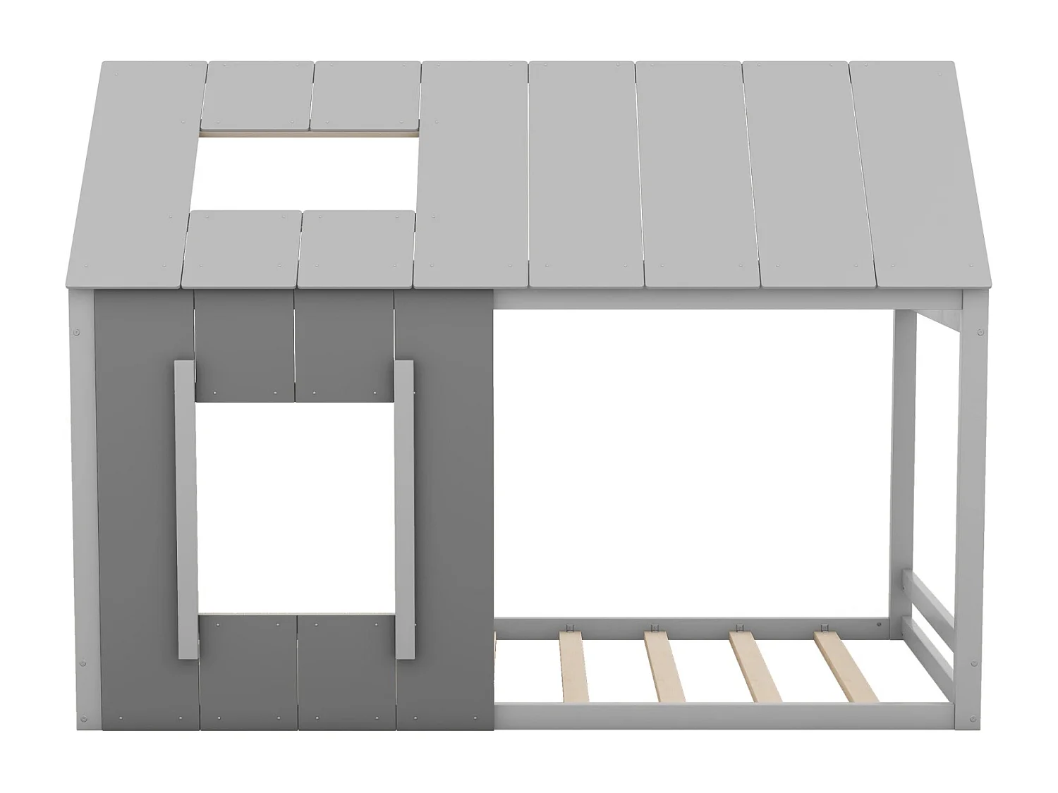 Hochbett 90x200cm - Kinderbett in Hausform, Einzelbett mit Dach und Fenster - Dunkelgrau + Hellgrau