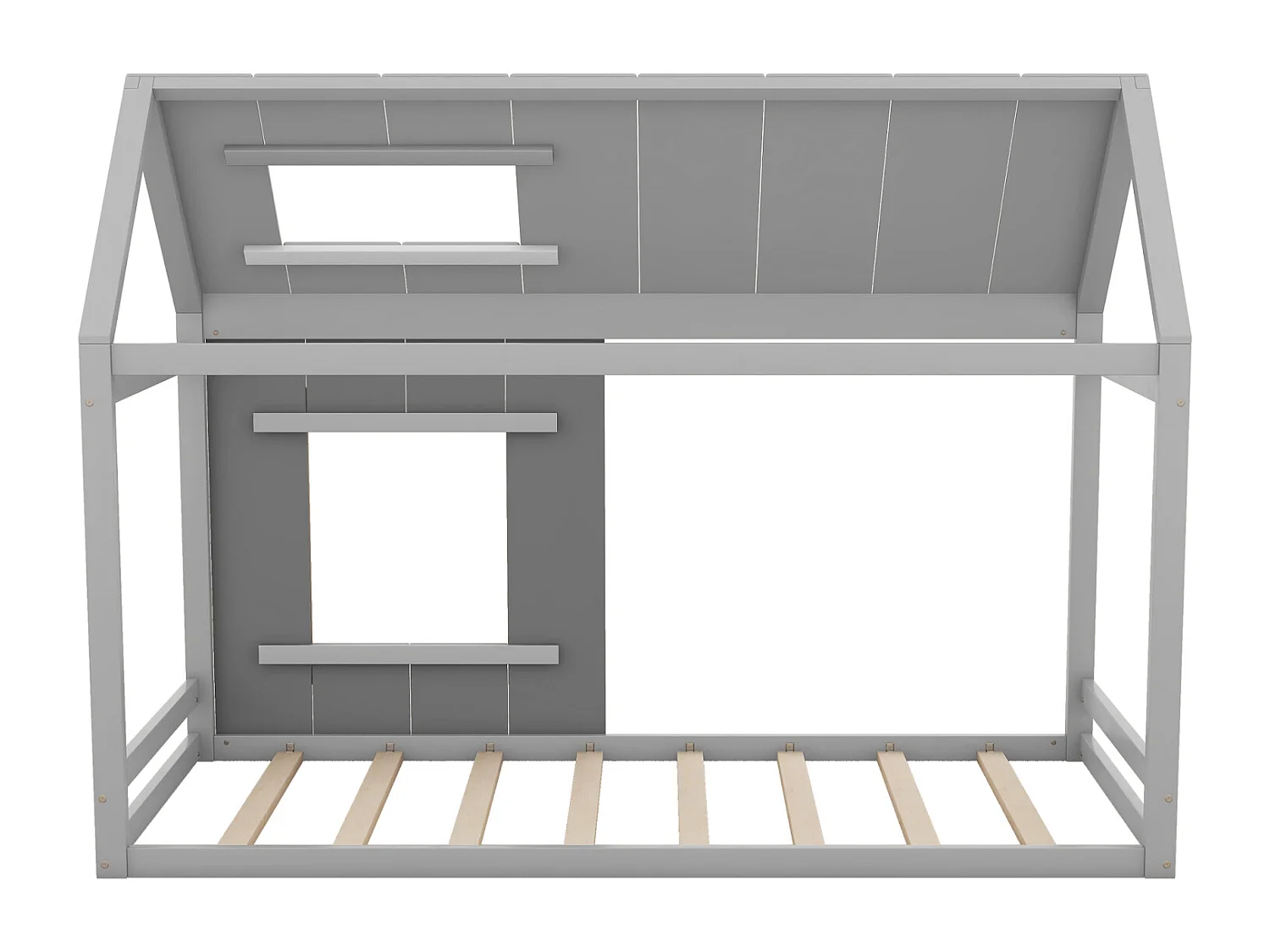 Hochbett 90x200cm - Kinderbett in Hausform, Einzelbett mit Dach und Fenster - Dunkelgrau + Hellgrau
