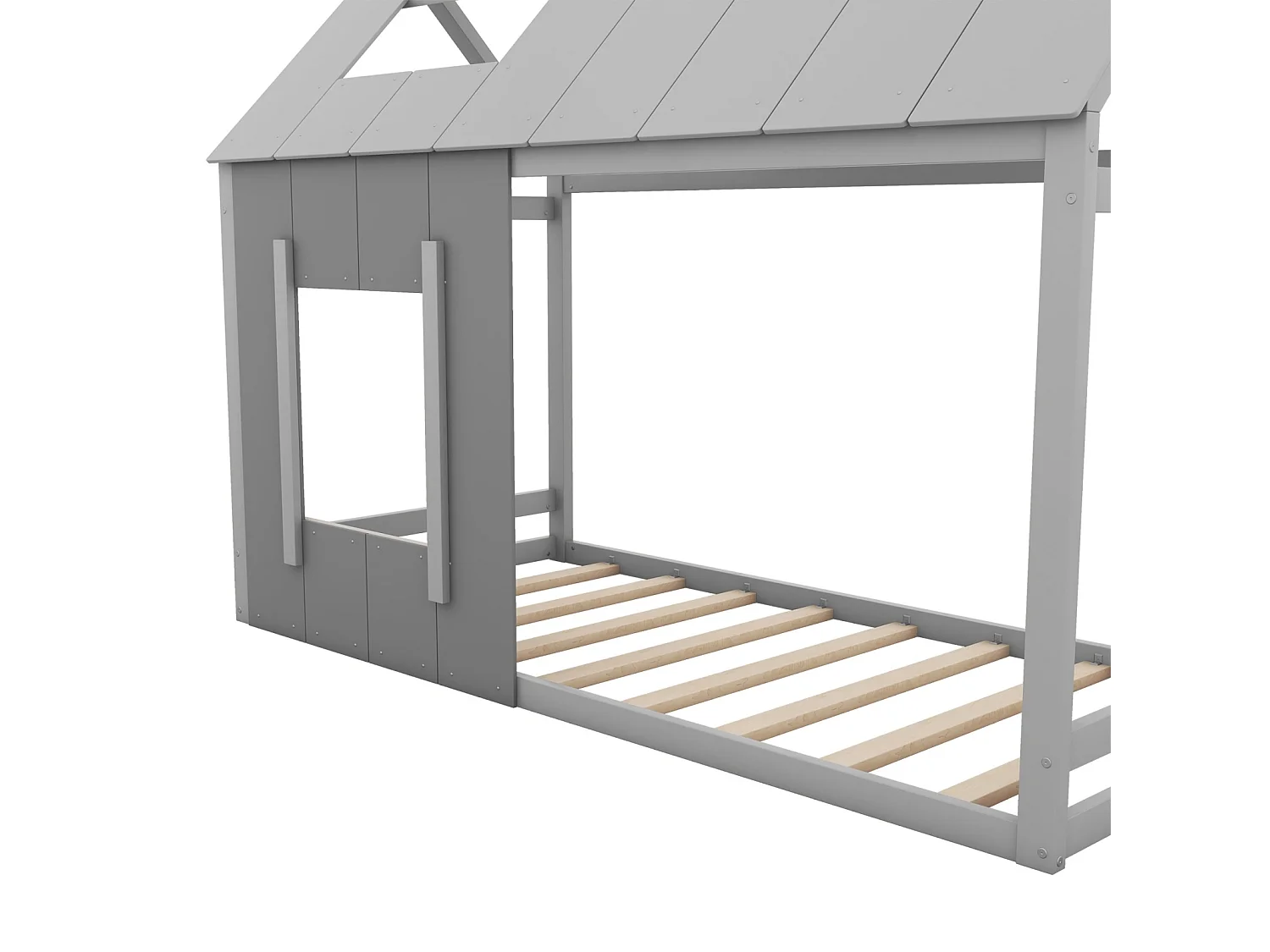 Hochbett 90x200cm - Kinderbett in Hausform, Einzelbett mit Dach und Fenster - Dunkelgrau + Hellgrau