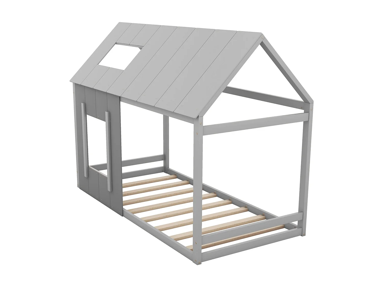 Cabin Bed 90x200cm - Huisvormig kinderbed, eenpersoonsbed met dak en raam - Donkergrijs + Lichtgrijs