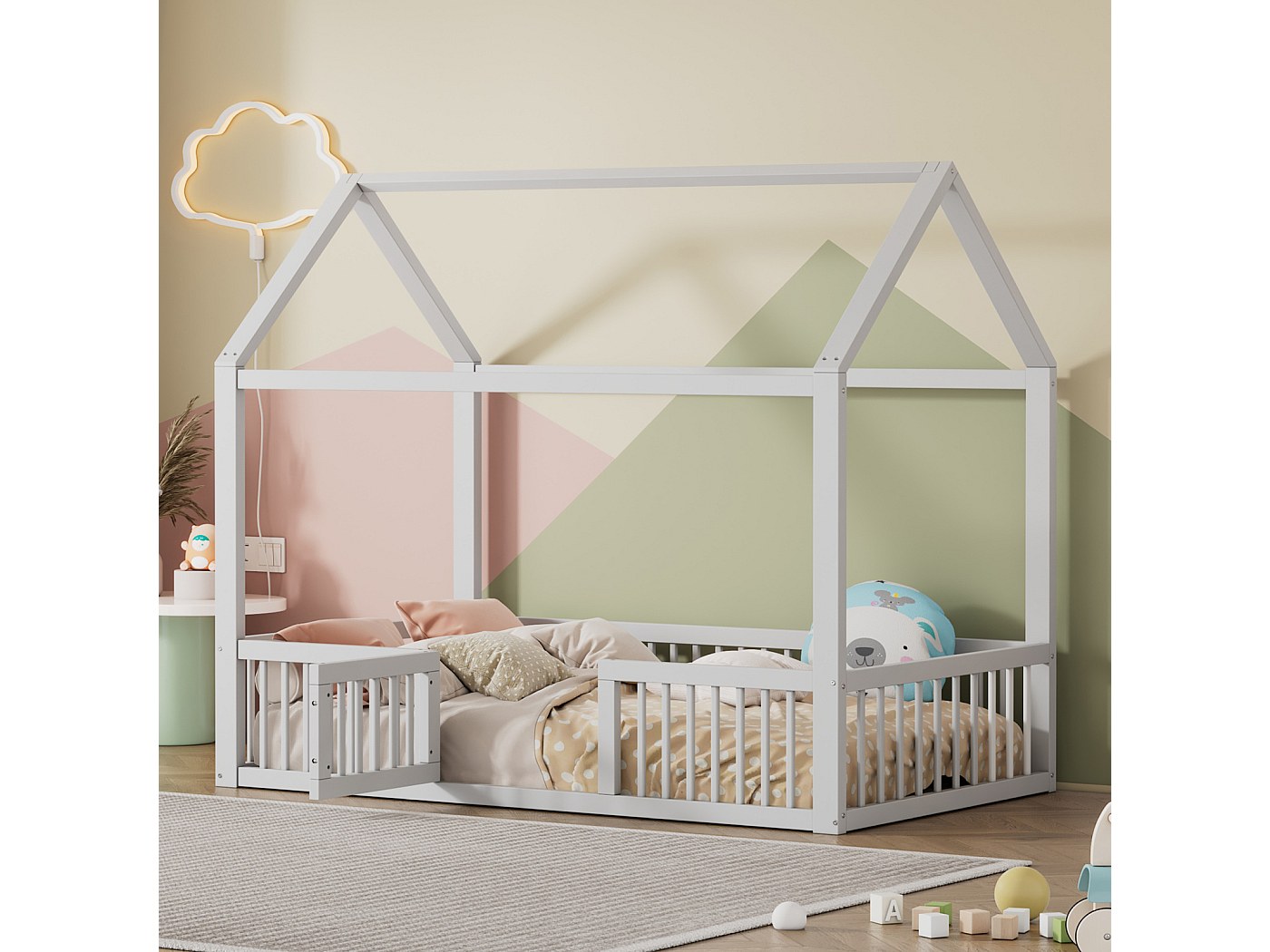 Lit Plat Enfant 90x200 Cm - Tête De Lit Douce En Peluche, Design Mignon - Blanc, Facile à Monter - Pour Chambre D'enfant