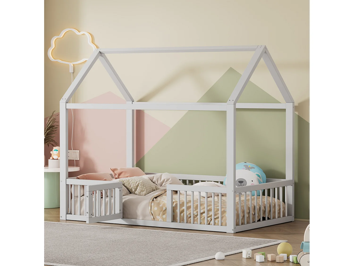 Lit cabane d'enfant 90x200cm, lit en bois massif, lit plat, avec sommier à lattes, barrière de lit avec porte, blanc