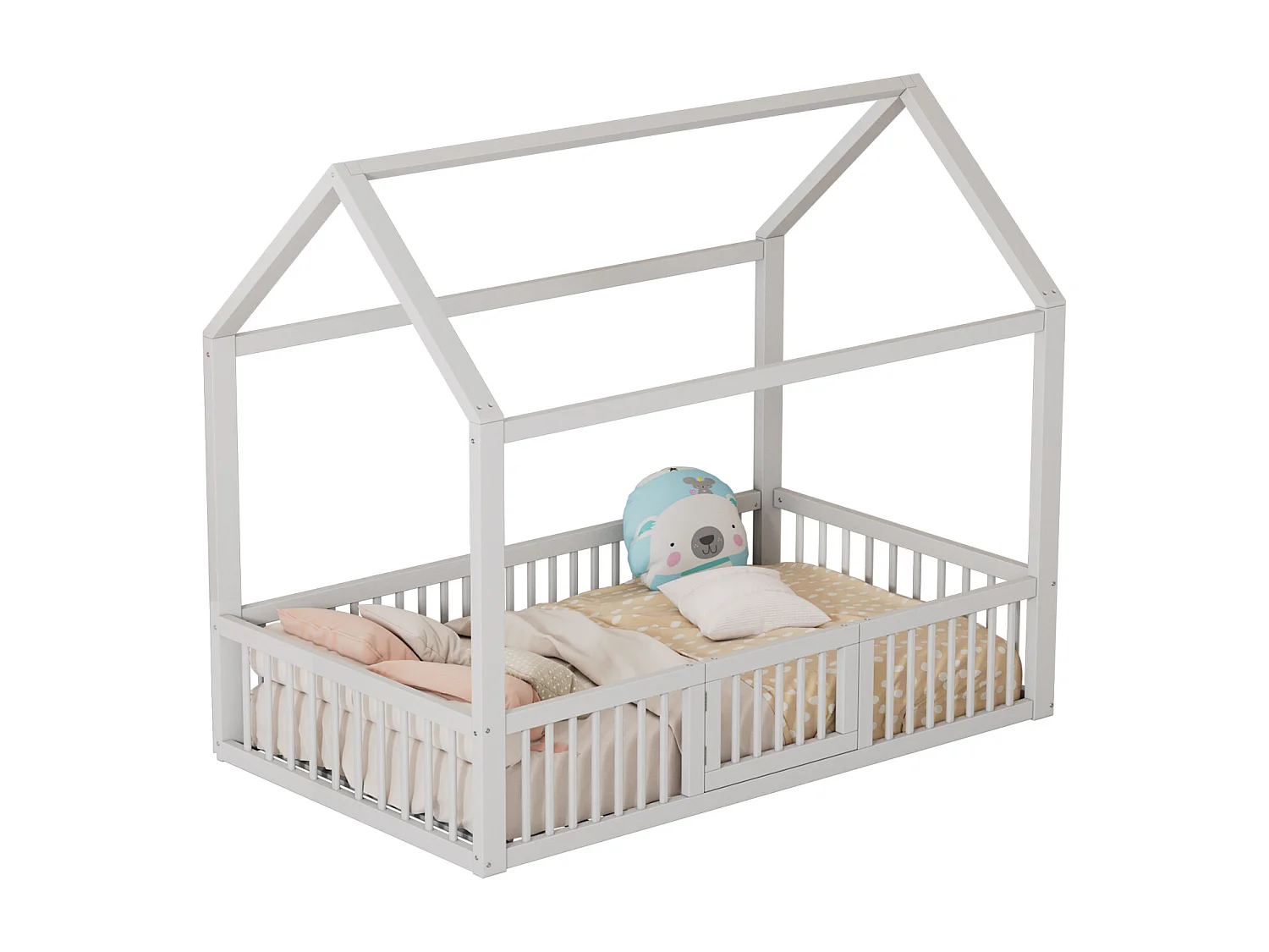 Lit cabane d'enfant 90x200cm, lit en bois massif, lit plat, avec sommier à lattes, barrière de lit avec porte, blanc