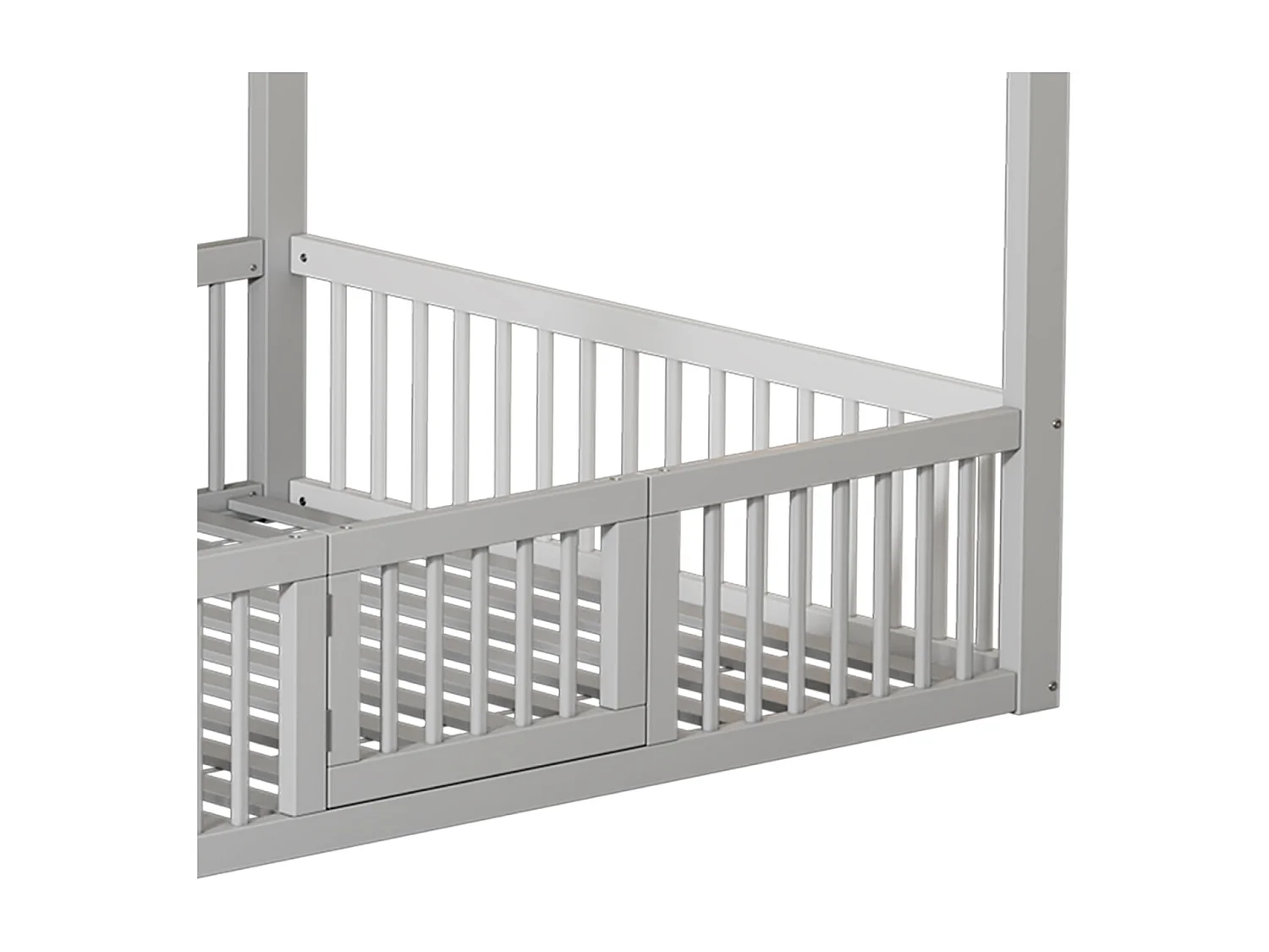 Cama infantil 140x200cm, cama de madera maciza, cama plana, con somier de láminas, barandilla de cama con puerta, color blanco