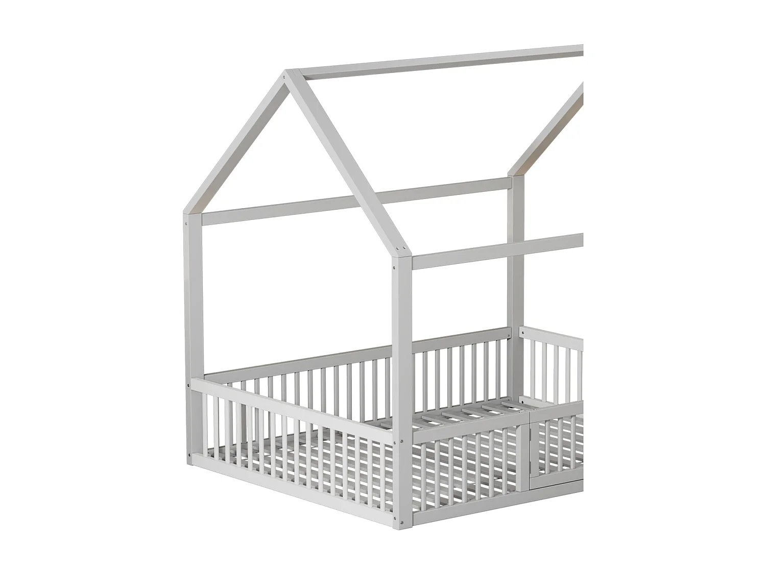 Cama infantil 140x200cm, cama de madera maciza, cama plana, con somier de láminas, barandilla de cama con puerta, color blanco