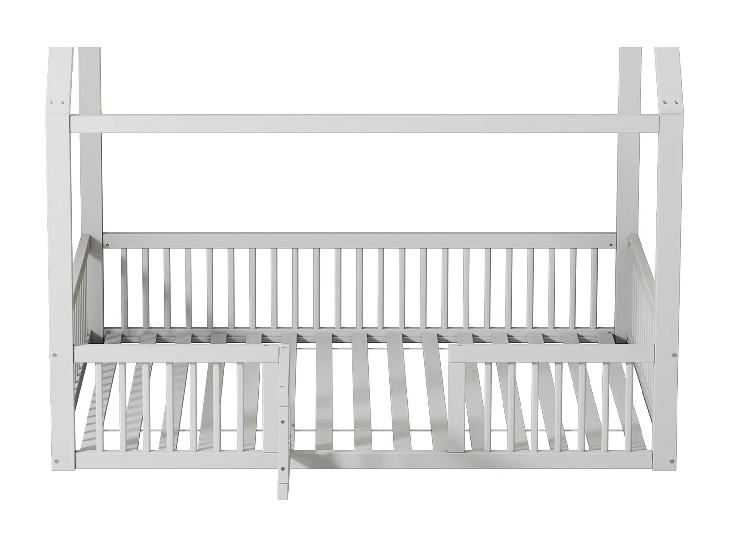 Cama infantil 140x200cm, cama de madera maciza, cama plana, con somier de láminas, barandilla de cama con puerta, color blanco