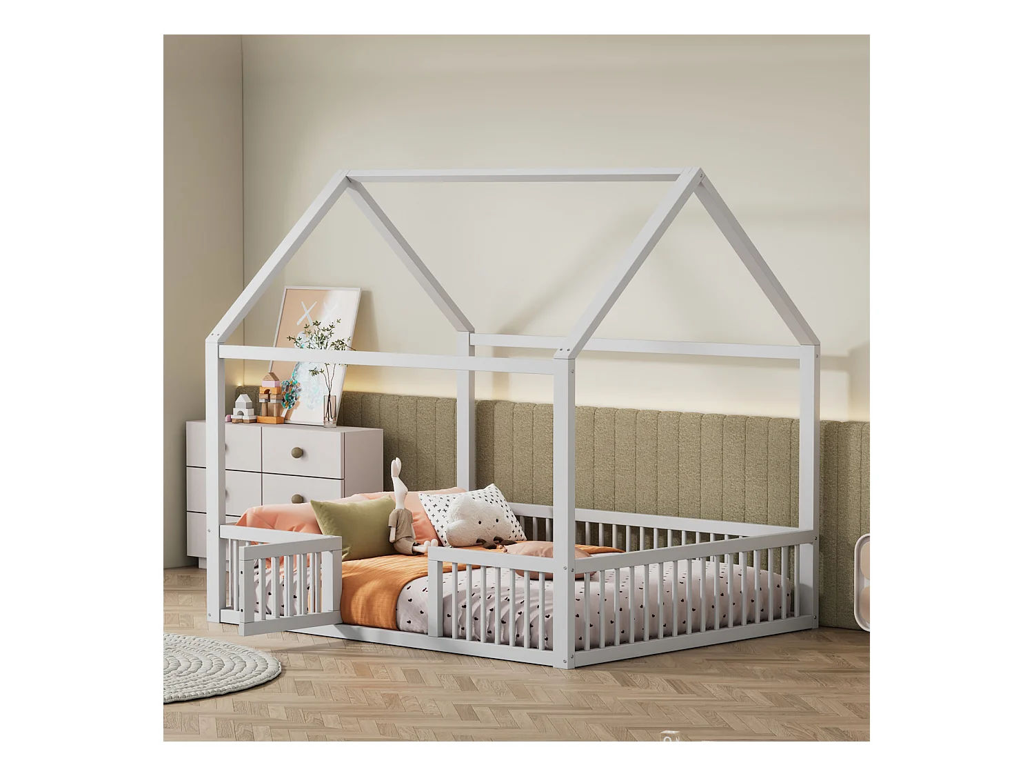 Lit cabane d'enfant 140x200cm, lit en bois massif, lit plat, avec sommier à lattes, barrière de lit avec porte, blanc