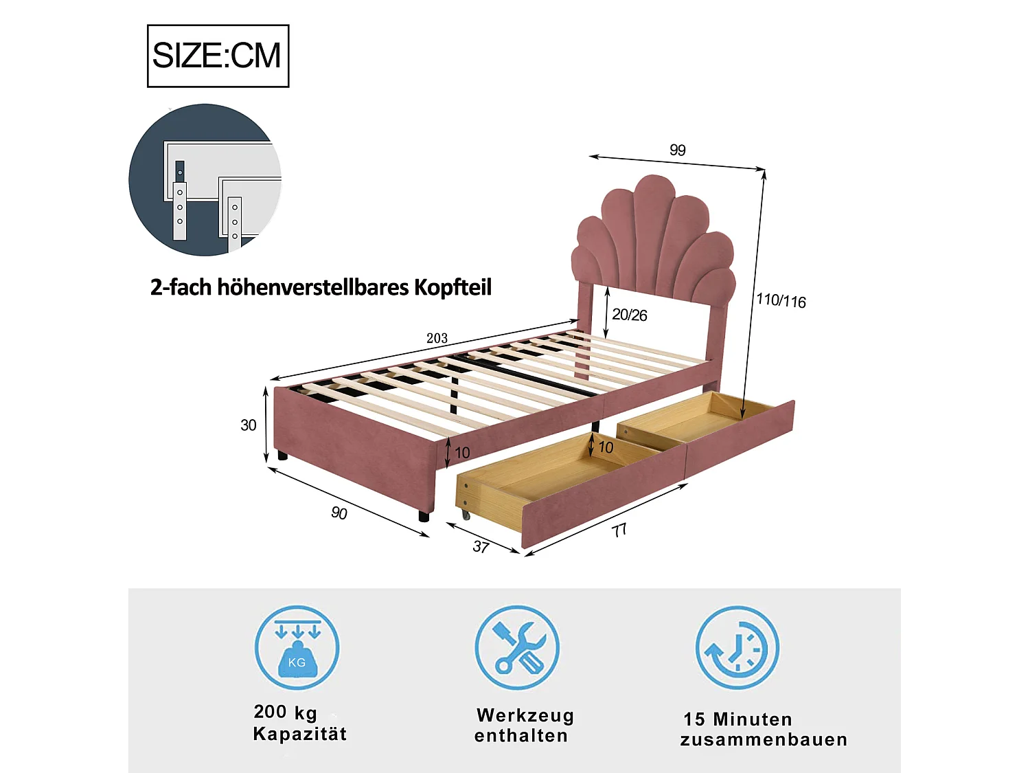 Eenpersoons gestoffeerd volwassen bed 90 x 200 cm met bloemenhoofdbord en lattenbodem, huidvriendelijke fluwelen stof, roze, zonder matras