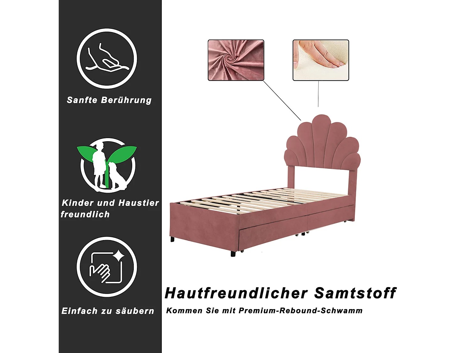Eenpersoons gestoffeerd volwassen bed 90 x 200 cm met bloemenhoofdbord en lattenbodem, huidvriendelijke fluwelen stof, roze, zonder matras