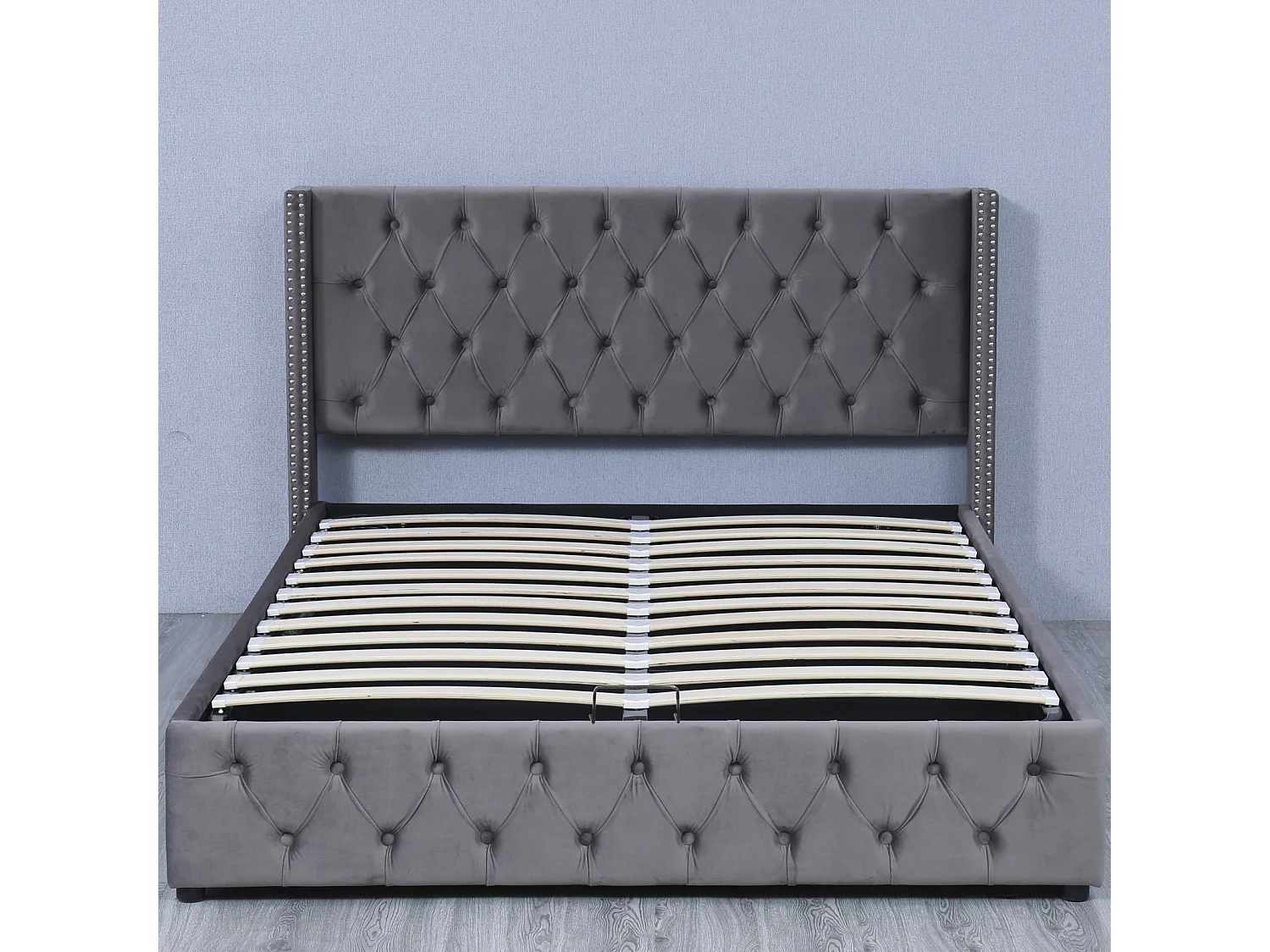 Letto contenitore 140x200cm, letto matrimoniale con rete a doghe, testiera a forma di orecchio, letto imbottito in velluto, Grigio