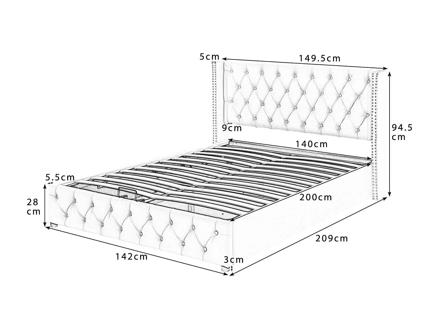 Opbergbed 140x200cm, tweepersoonsbed met lattenbodem, oorvormig hoofdeinde, fluwelen gestoffeerd bed, Beige