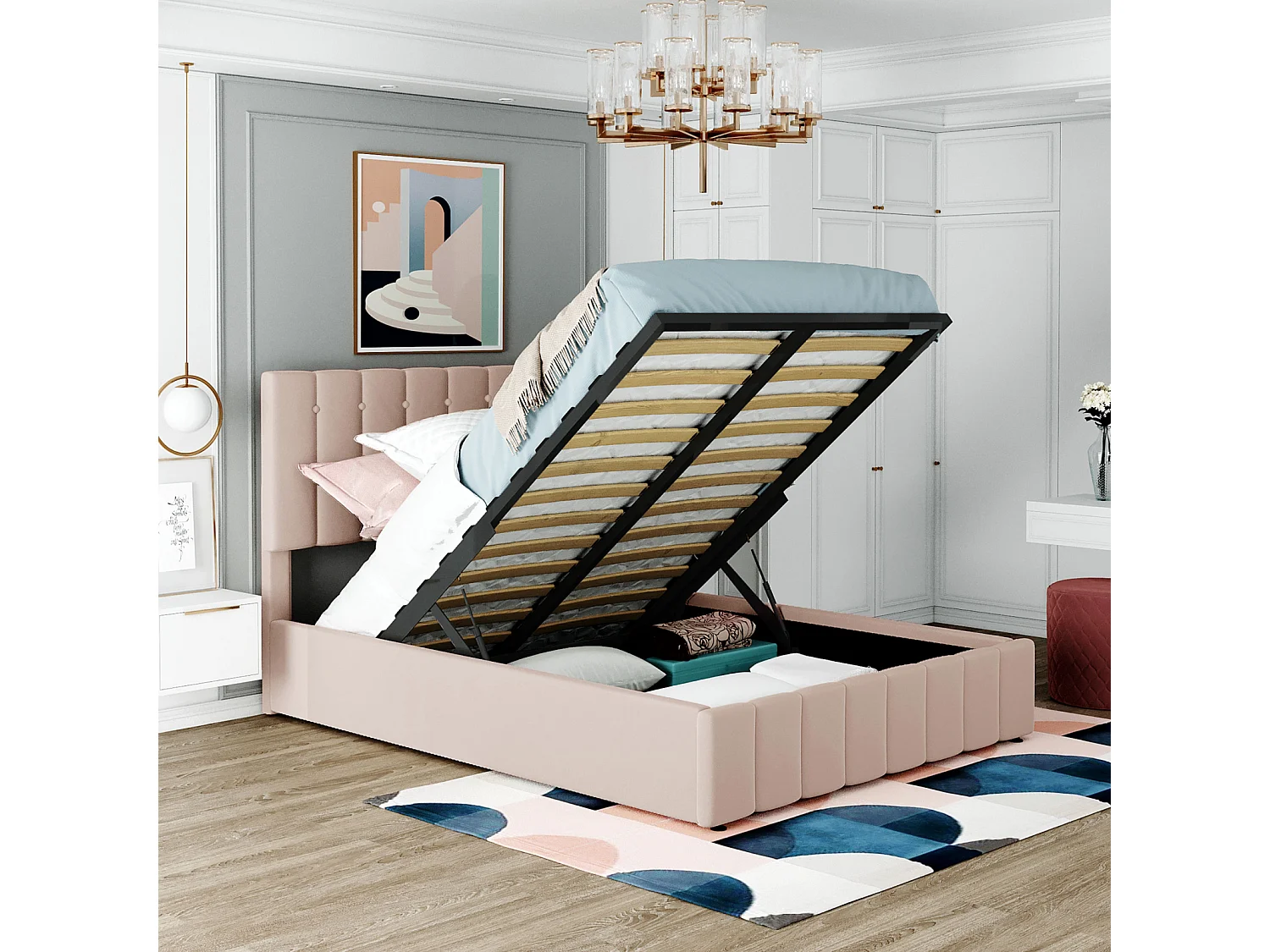 Lit coffre adulte 140 x 200cm - lit double en velours avec sommier à lattes en métal et tête de lit réglable en hauteur - Beige