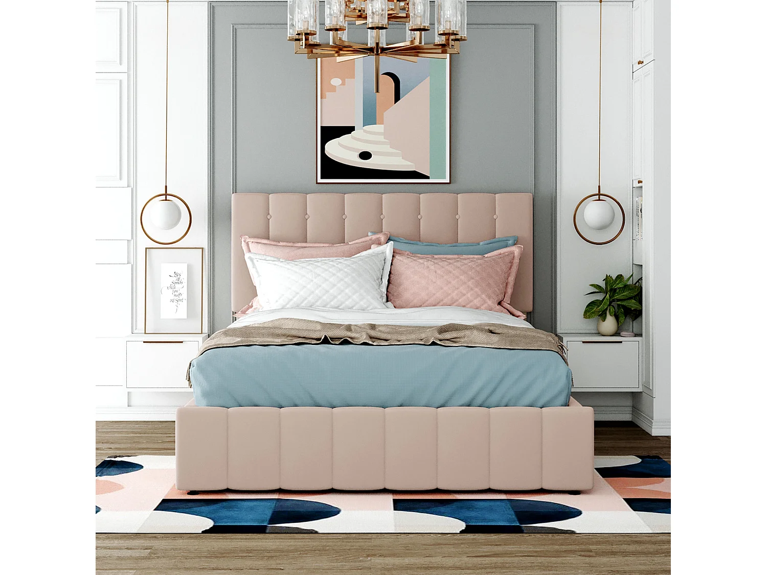 Lit coffre adulte 140 x 200cm - lit double en velours avec sommier à lattes en métal et tête de lit réglable en hauteur - Beige