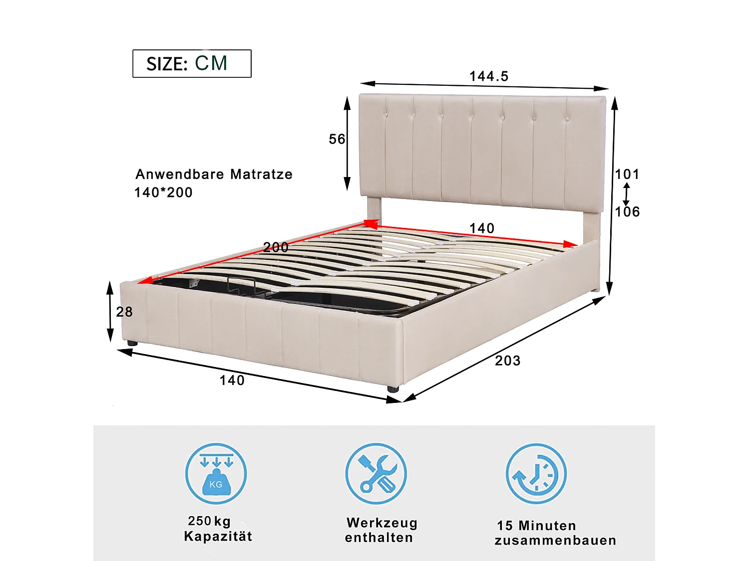 Lit coffre adulte 140 x 200cm - lit double en velours avec sommier à lattes en métal et tête de lit réglable en hauteur - Beige
