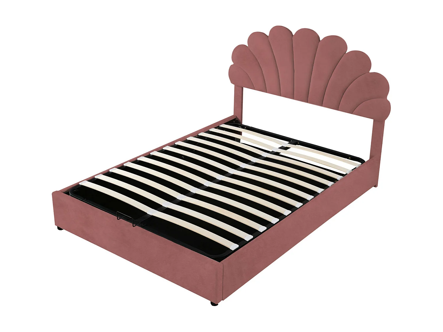 Cama de arrumação 140x200cm, com base de ripas e cabeceira floral, altura ajustável, tecido veludo, vermelho feijão